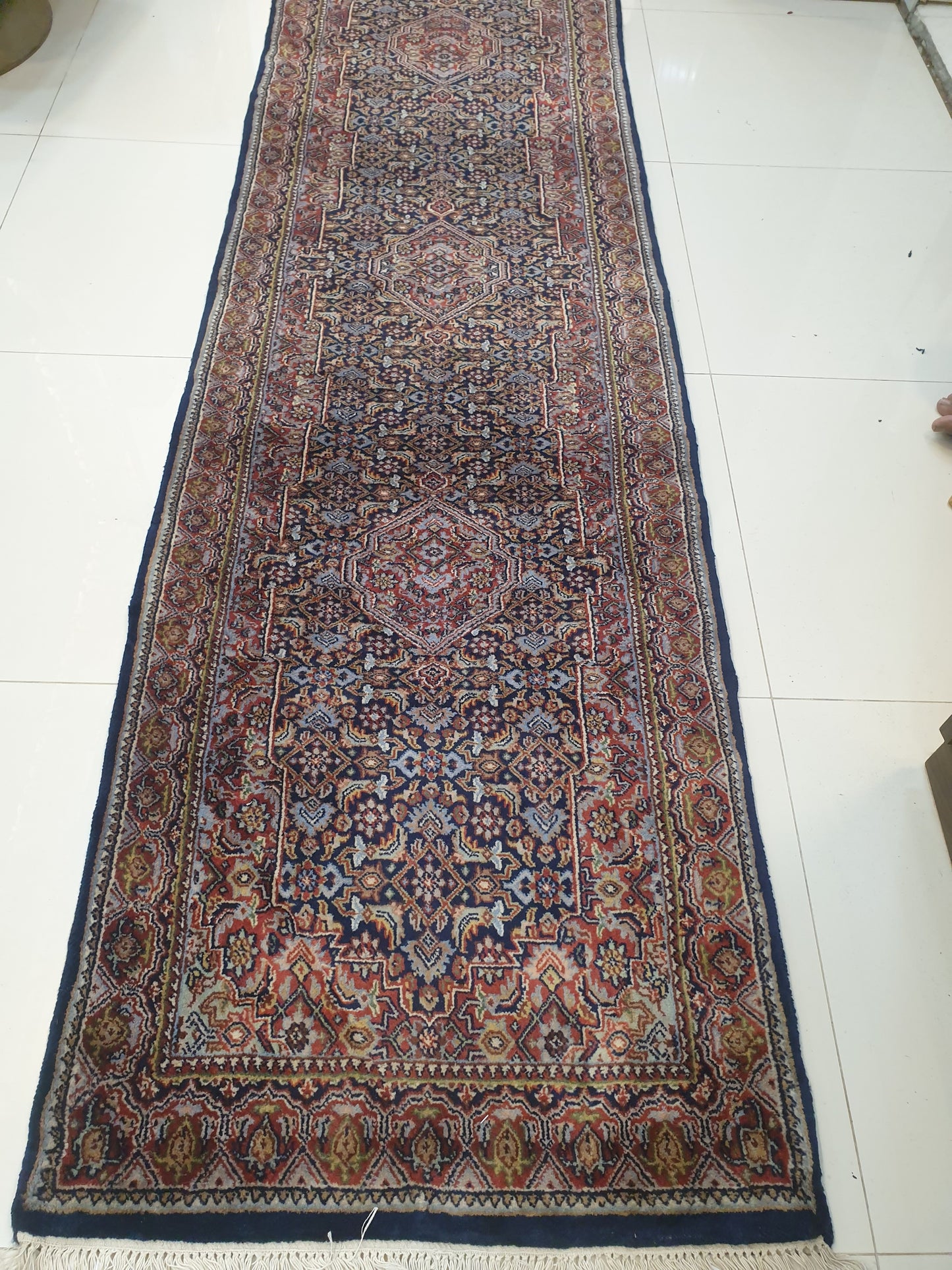 Exquisite 9.3' x 2.5' Hand-Knotted Indo-Persian Kerman Style Runner - Rich Navy Field with Intricate All-Over Design