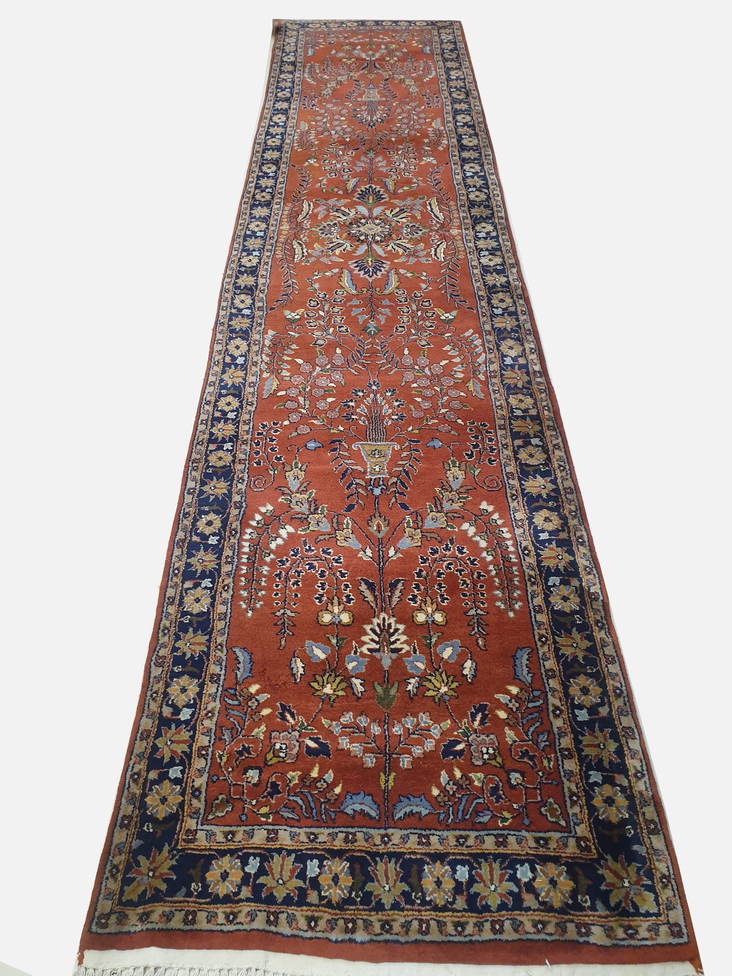 Elegant 12.3' x 2.8' Hand-Knotted Indo-Persian Sarouk Design Runner