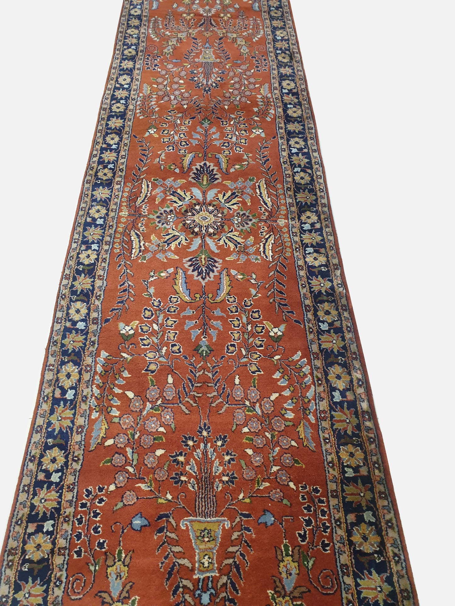 Elegant 12.3' x 2.8' Hand-Knotted Indo-Persian Sarouk Design Runner