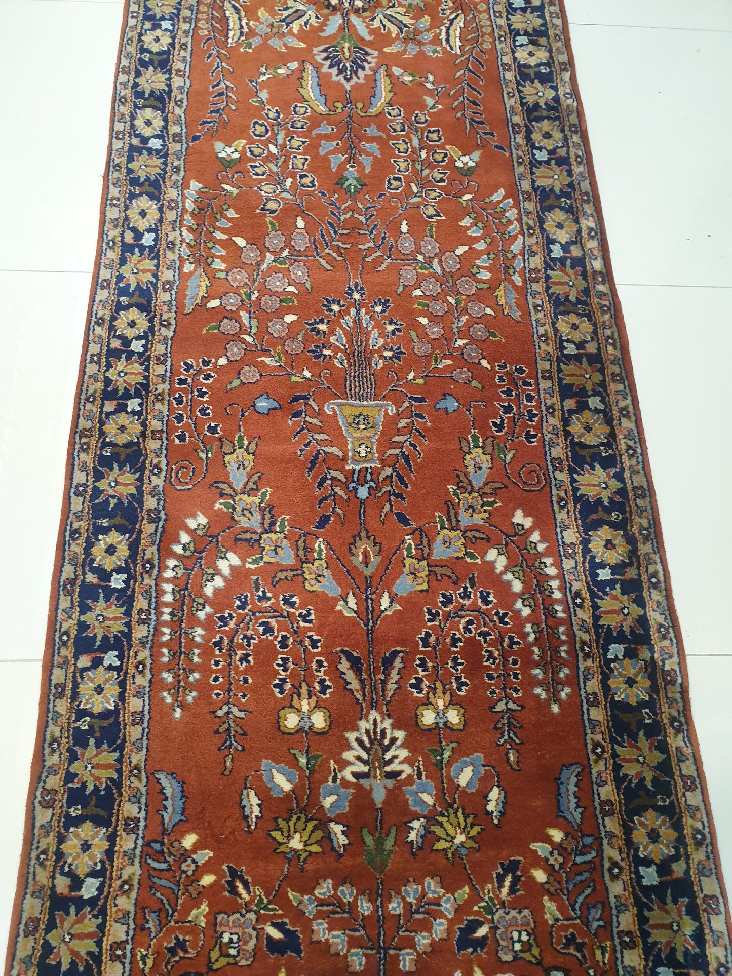 Elegant 12.3' x 2.8' Hand-Knotted Indo-Persian Sarouk Design Runner