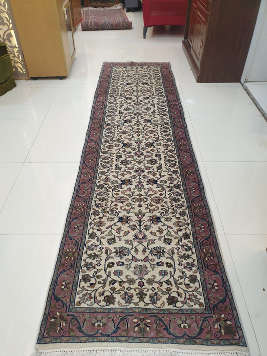 Exquisite 10' x 2.6' Hand-Knotted Indo-Persian Fine Quality Runner - Luminous Cream Field with Delicate Floral Sprays