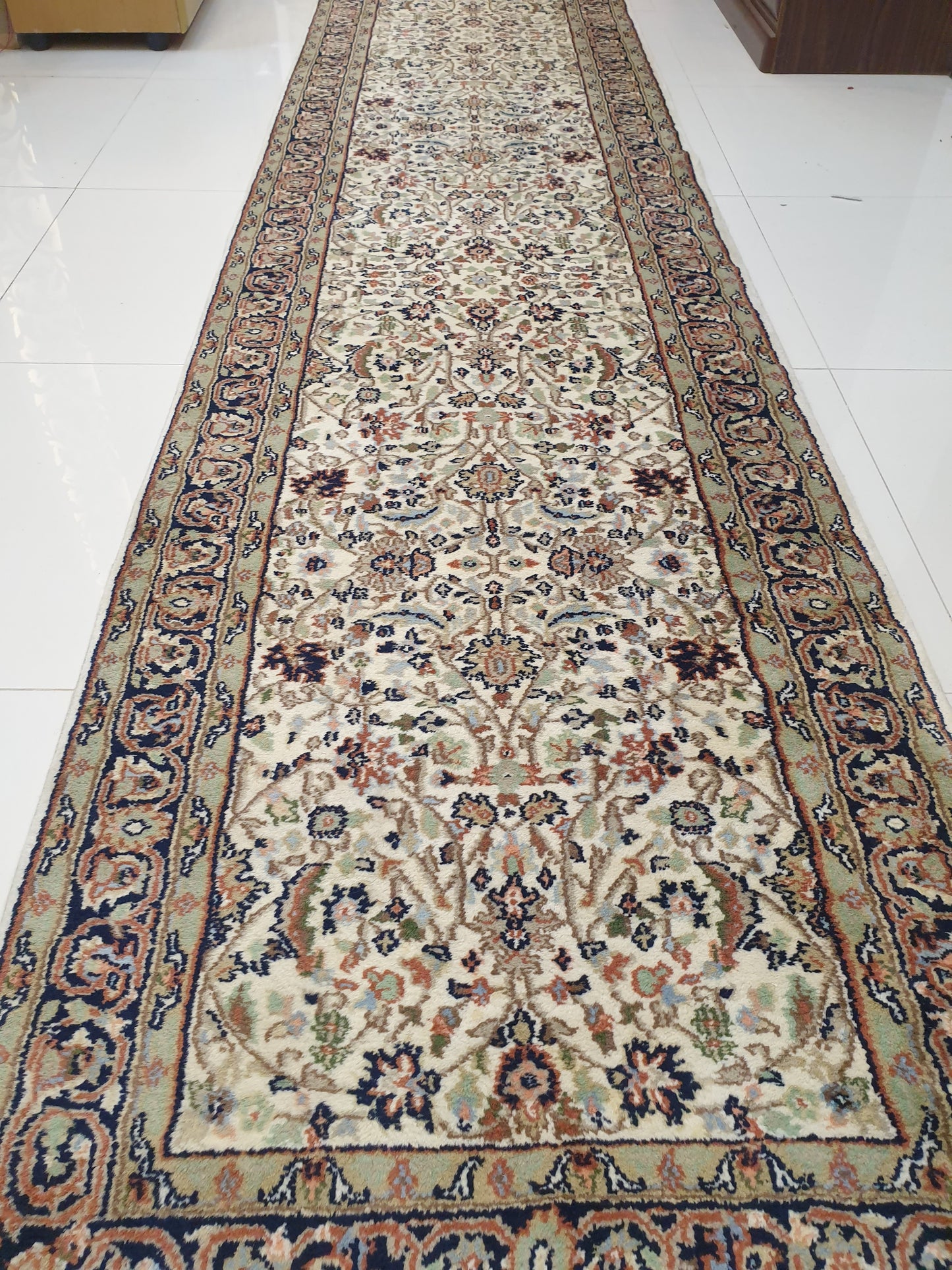 Serene Pathways: 12' x 2.7' Hand-Knotted Indo-Persian Runner with Delicate Floral All-Over Design