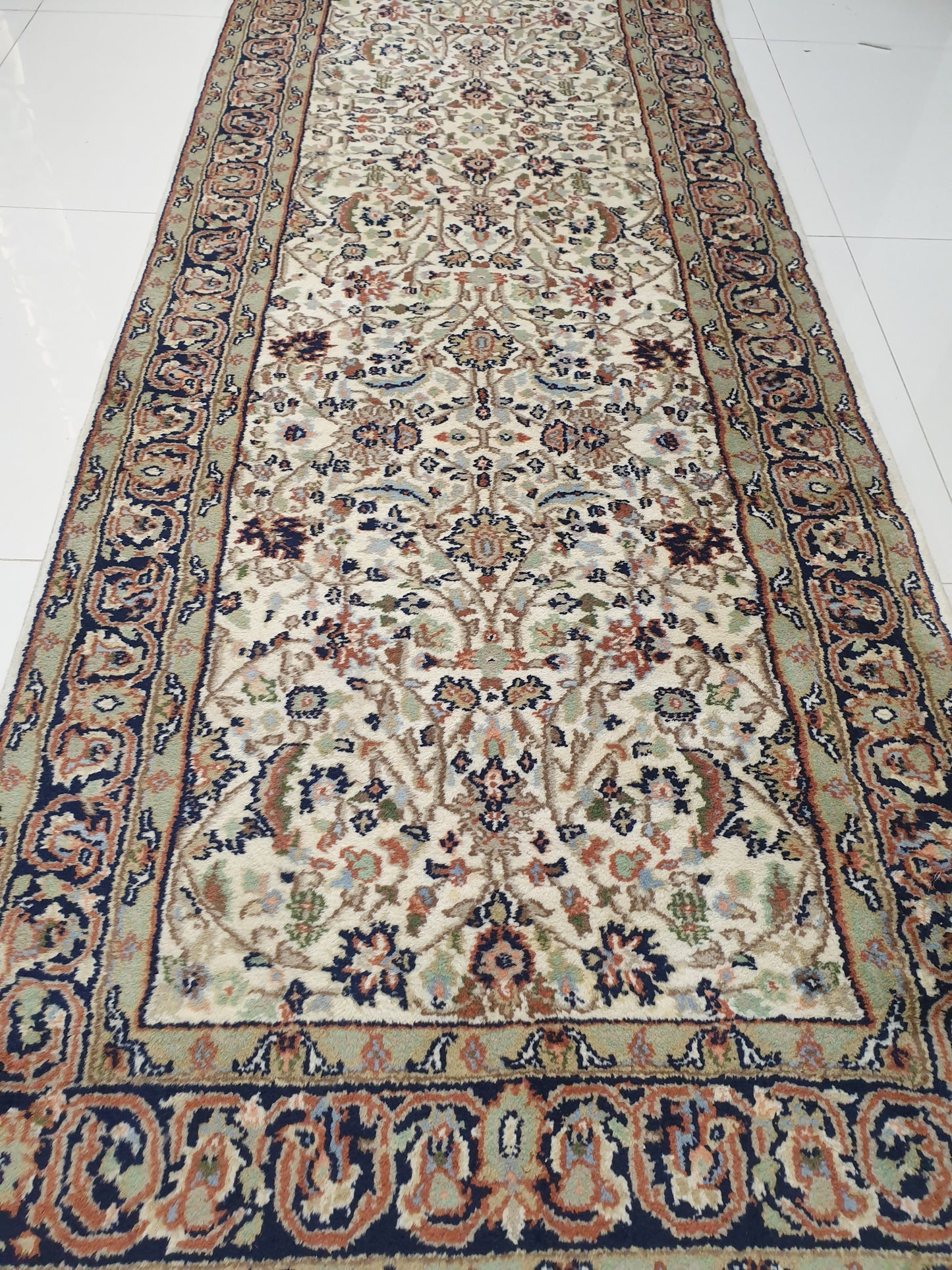 Serene Pathways: 12' x 2.7' Hand-Knotted Indo-Persian Runner with Delicate Floral All-Over Design