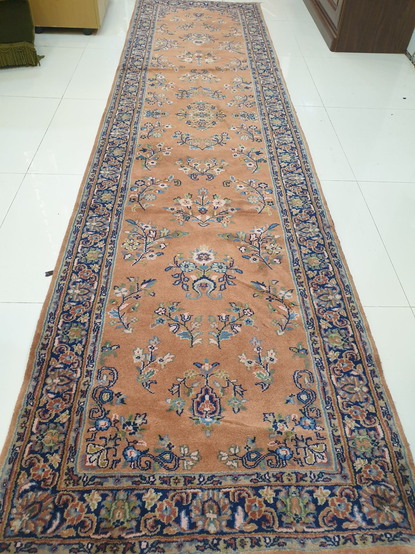 Elegant 11' x 3.8' Hand-Knotted Indo-Persian Runner - Warm Terracotta Field with Classic Floral Sprays