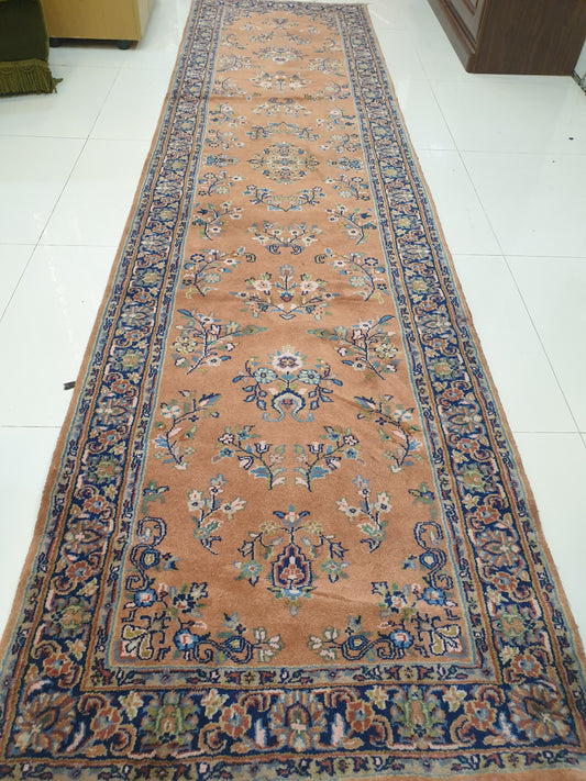 Elegant 11' x 3.8' Hand-Knotted Indo-Persian Runner - Warm Terracotta Field with Classic Floral Sprays