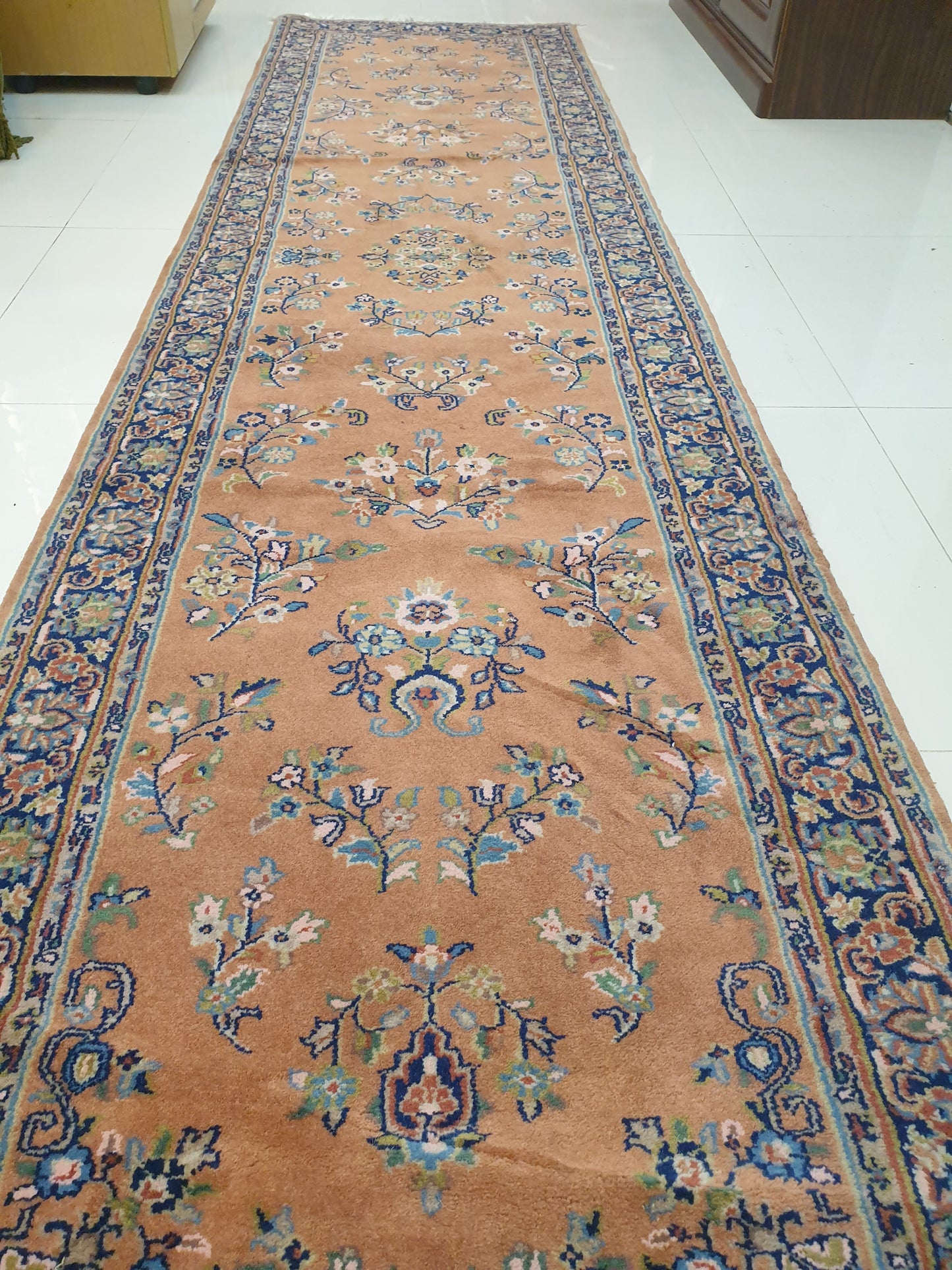 Elegant 11' x 3.8' Hand-Knotted Indo-Persian Runner - Warm Terracotta Field with Classic Floral Sprays