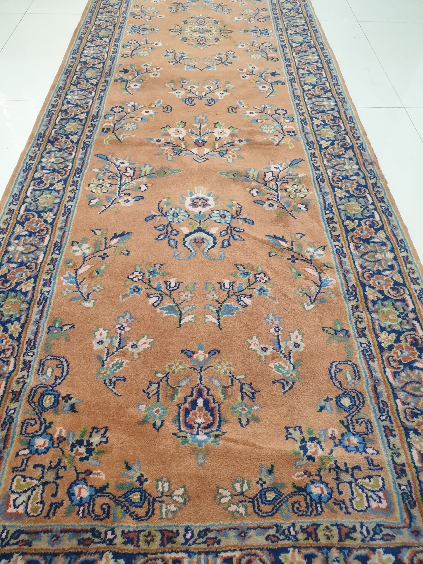Elegant 11' x 3.8' Hand-Knotted Indo-Persian Runner - Warm Terracotta Field with Classic Floral Sprays
