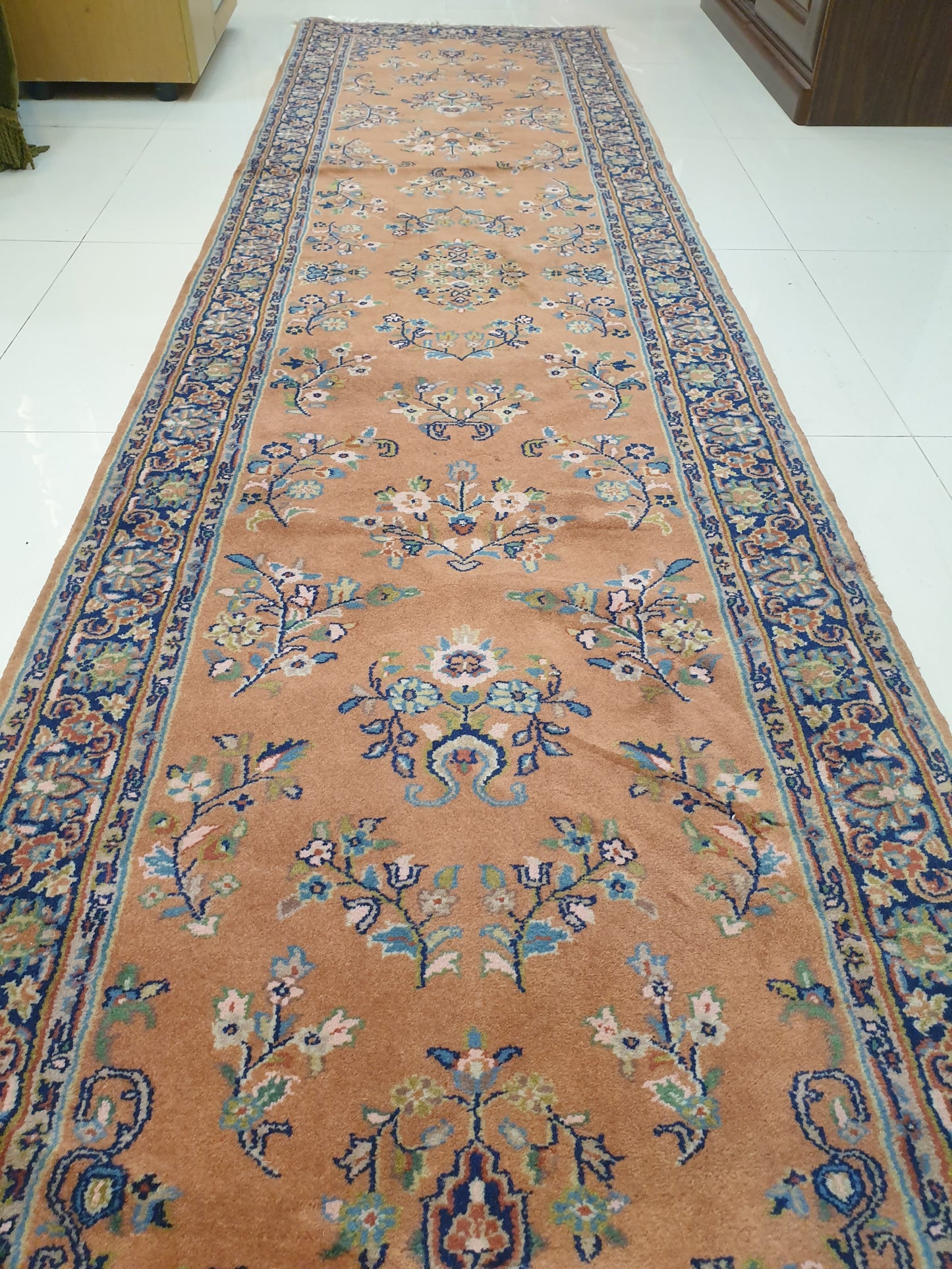 Elegant 11' x 3.8' Hand-Knotted Indo-Persian Runner - Warm Terracotta Field with Classic Floral Sprays