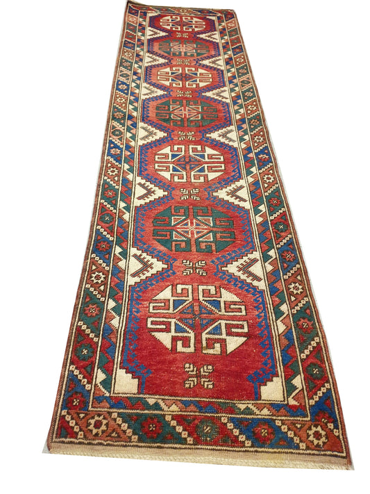 Captivating 8'10" x 2'4" Oriental Kazak Vintage Geometric Runner Carpet - A Timeless Statement Piece