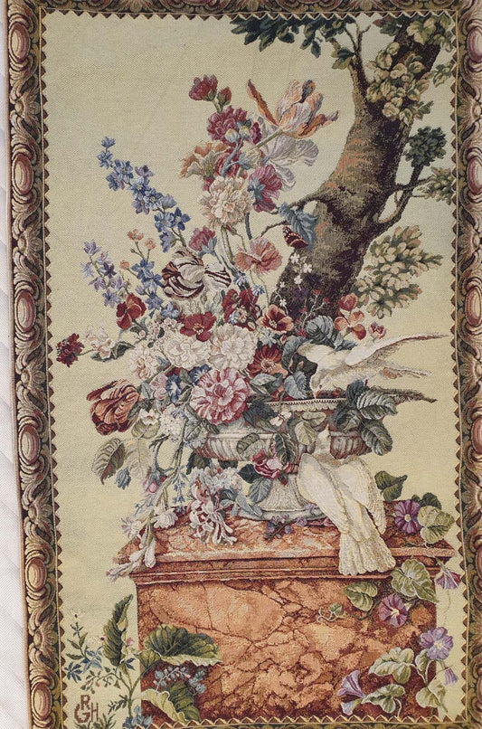 Vibrant French Floral Still Life Tapestry with Birds - 42" x 25"