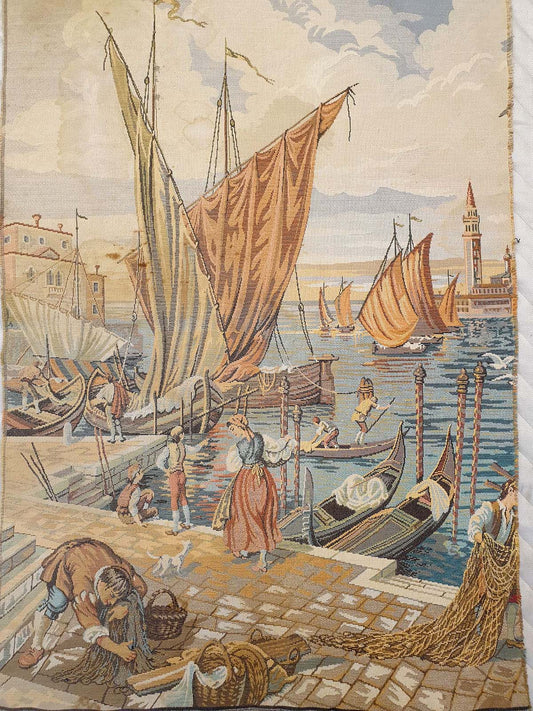 Authentic French Tapestry: A Vibrant Venetian Port Scene  53 x 36 inches