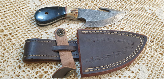 Compact &amp; Versatile Handmade Damascus Skinner Knife with Horn and Bone Handle