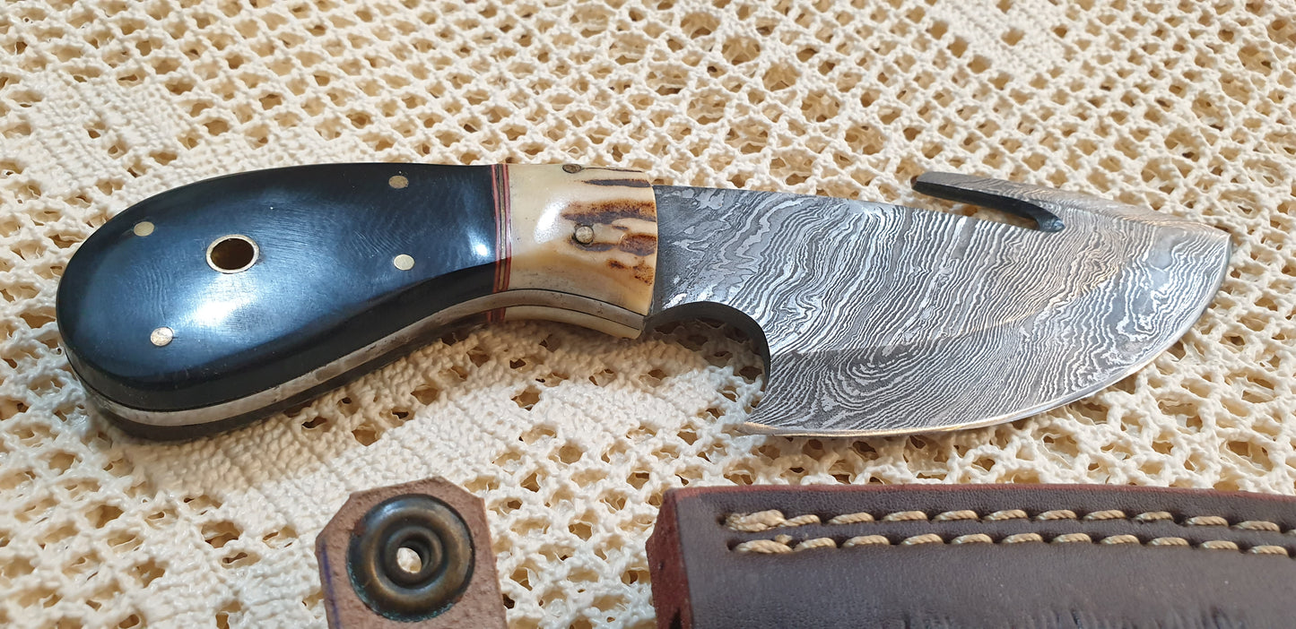 Compact &amp; Versatile Handmade Damascus Skinner Knife with Horn and Bone Handle