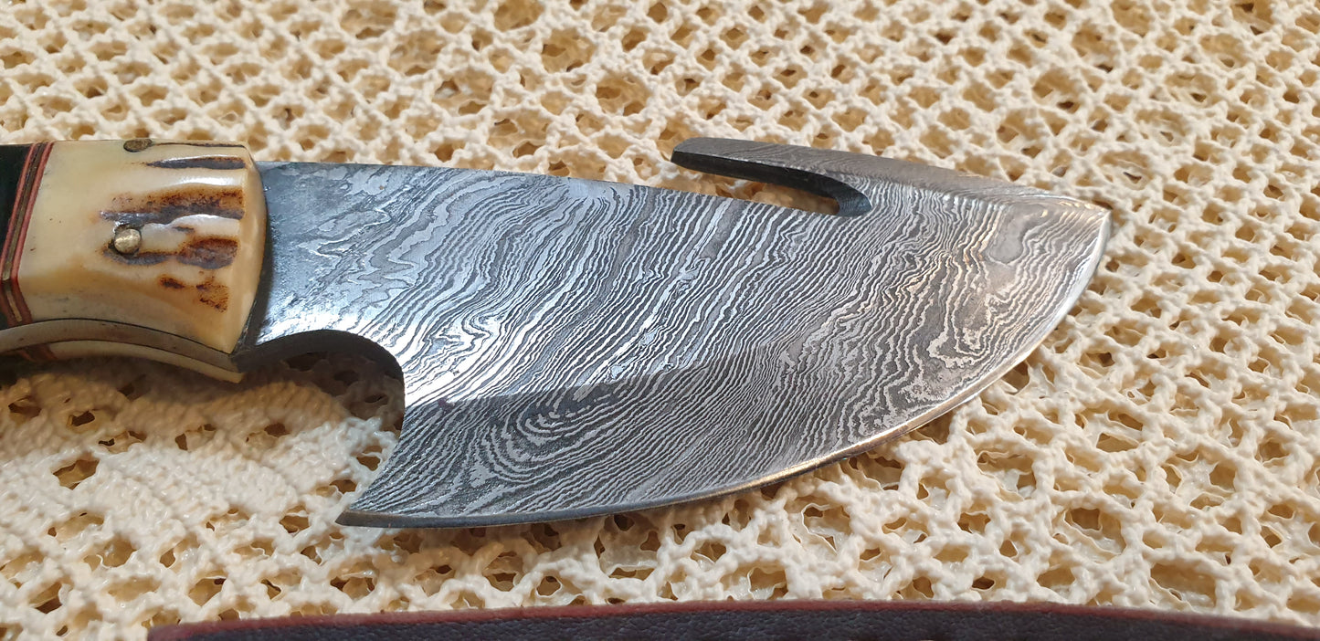 Compact &amp; Versatile Handmade Damascus Skinner Knife with Horn and Bone Handle