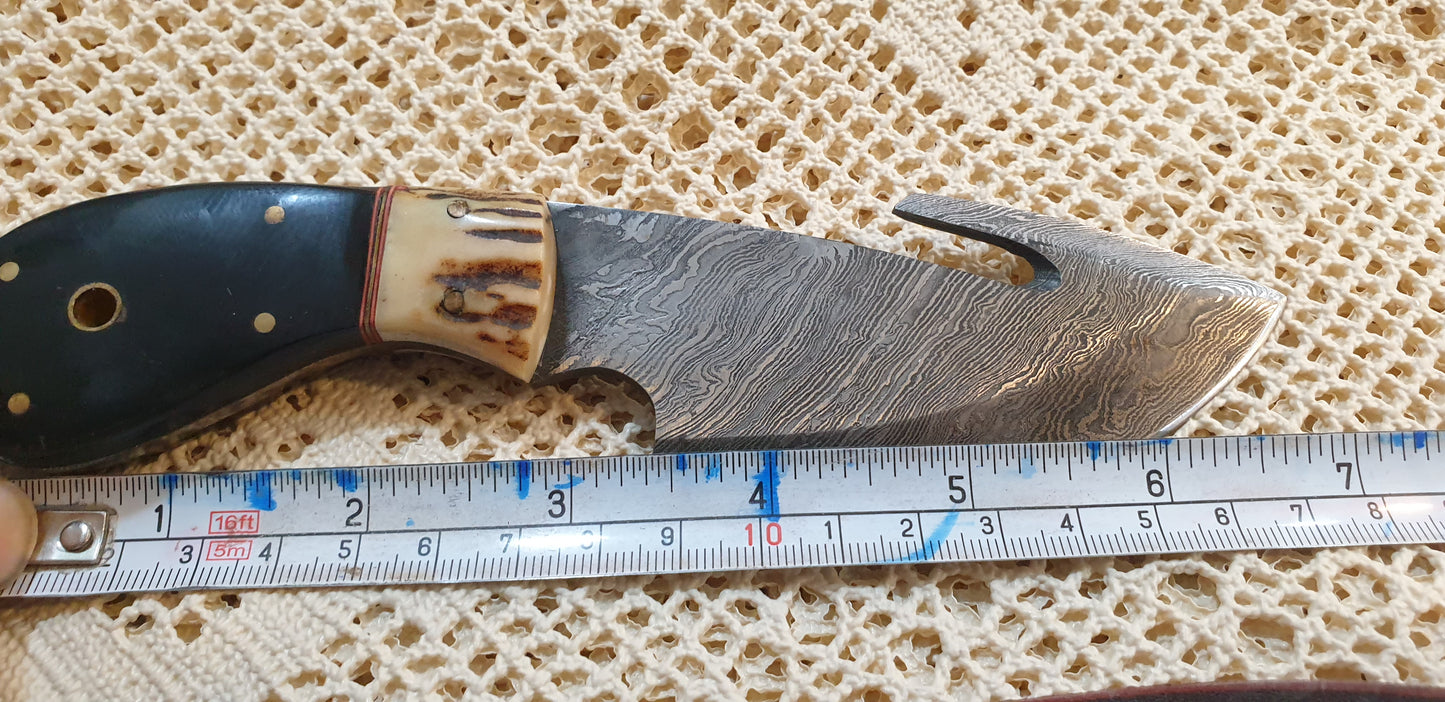 Compact &amp; Versatile Handmade Damascus Skinner Knife with Horn and Bone Handle