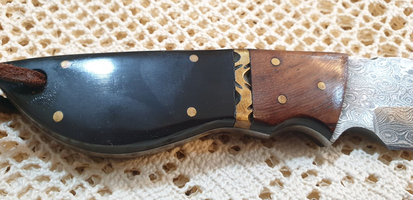 Stunning Handmade Damascus Drop Point Knife with Horn and Exotic Wood Handle