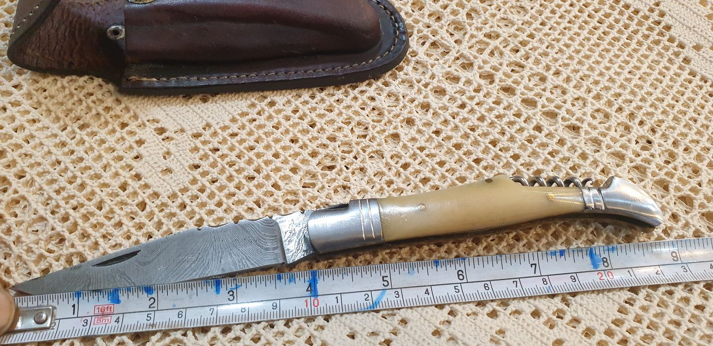 Masterfully Handcrafted Foldable Damascus Knife with Integrated Corkscrew - A Blend of Elegance and Utility