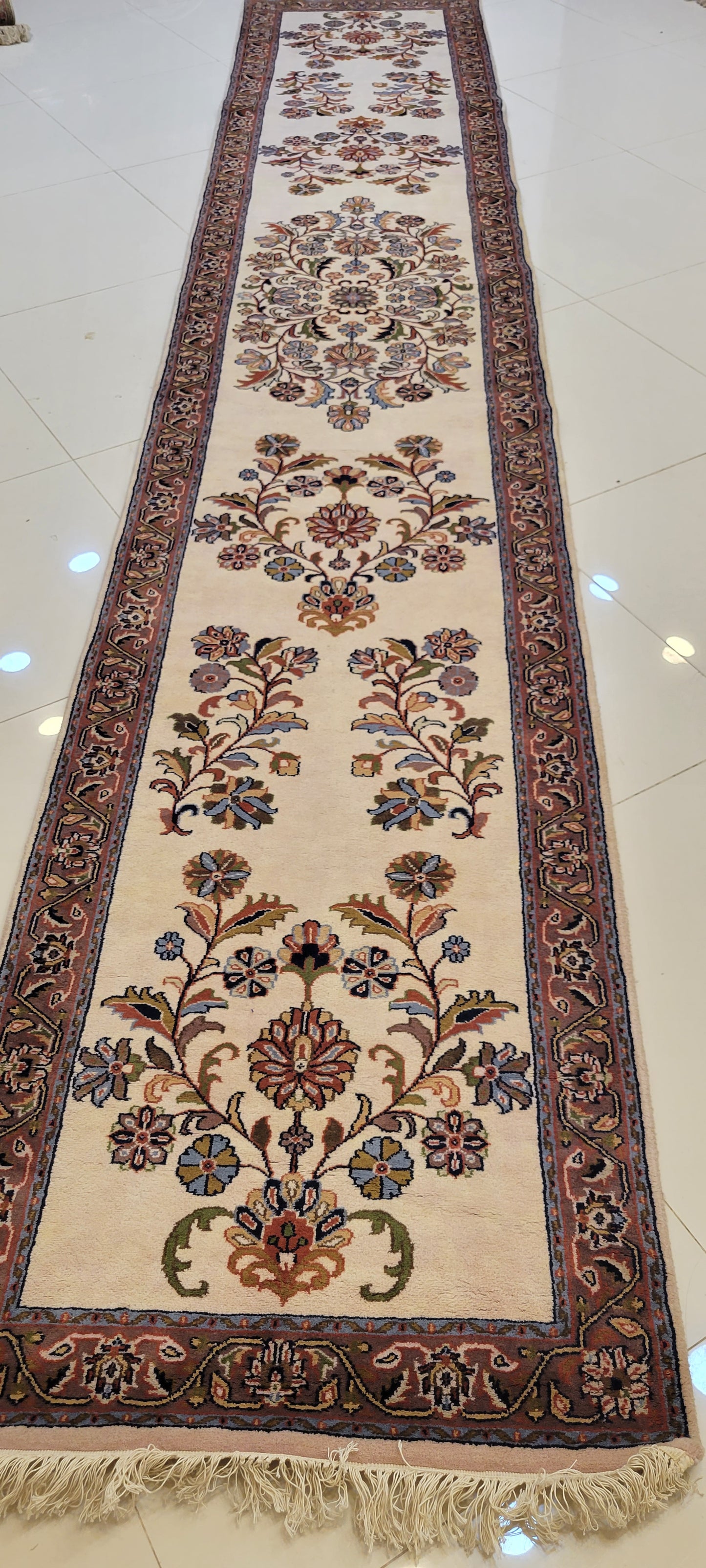 Elegant 14.7' x 2.7' Hand-Knotted Indo-Persian Runner - Serene Cream Field with Cascading Floral Design