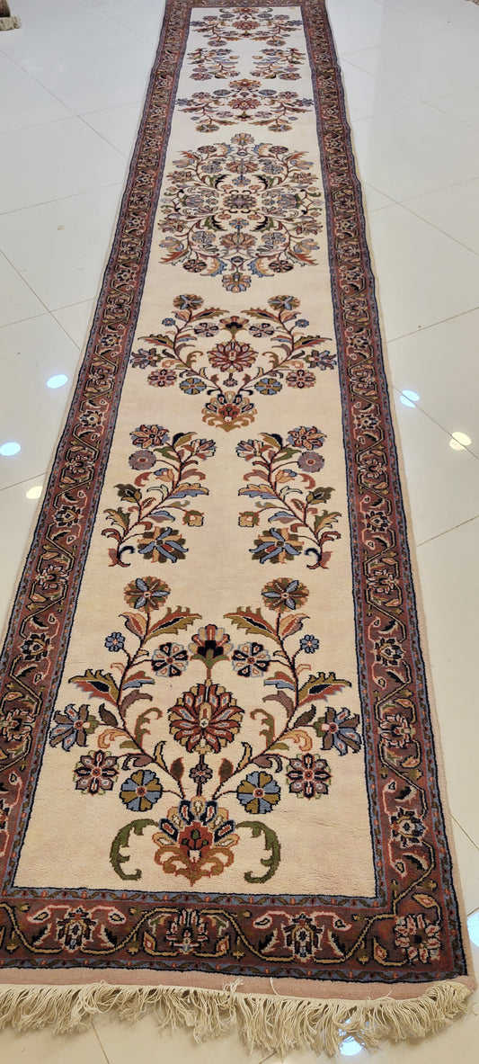 Elegant 14.7' x 2.7' Hand-Knotted Indo-Persian Runner - Serene Cream Field with Cascading Floral Design