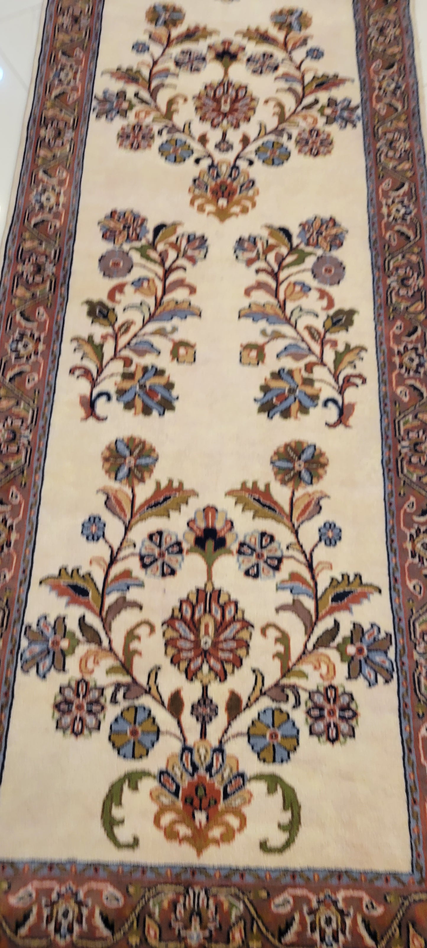 Elegant 14.7' x 2.7' Hand-Knotted Indo-Persian Runner - Serene Cream Field with Cascading Floral Design