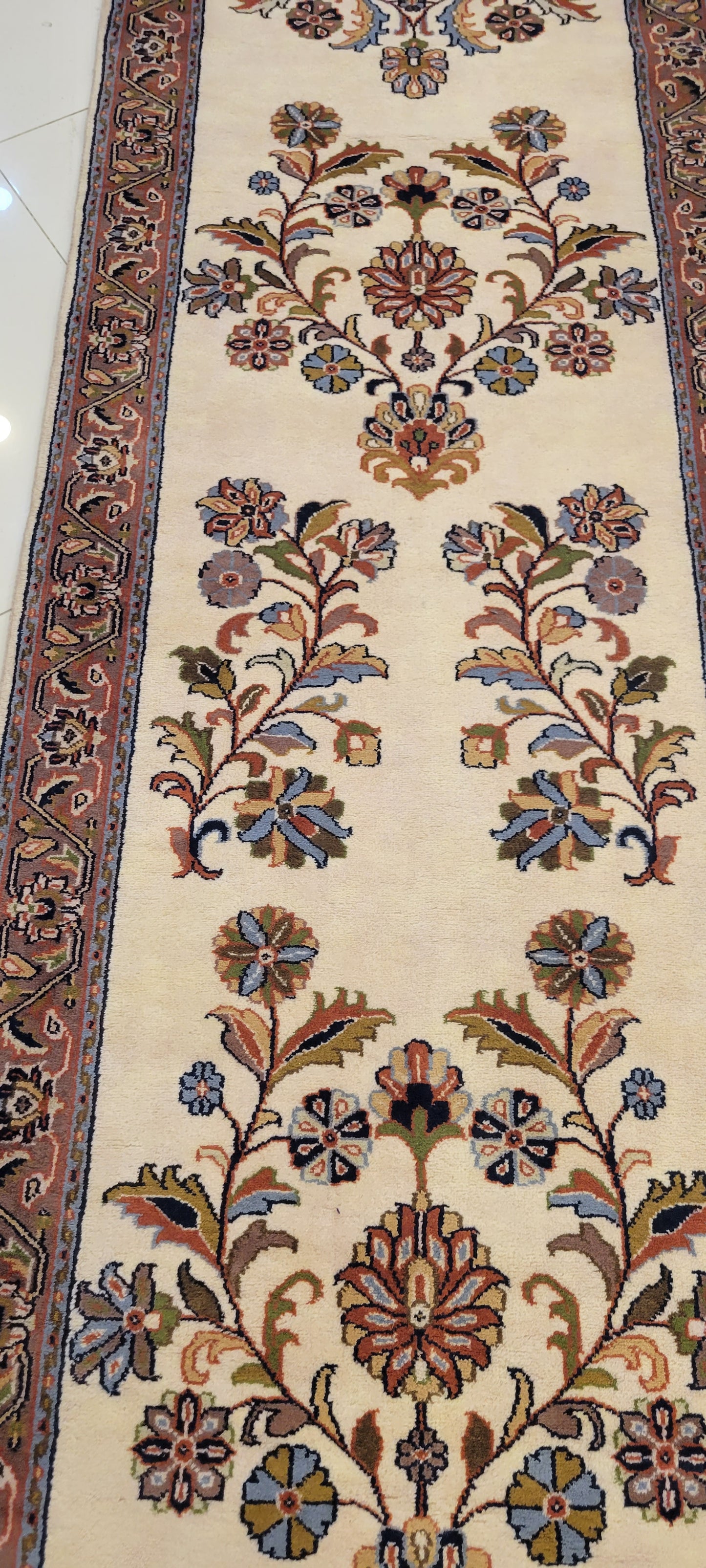 Elegant 14.7' x 2.7' Hand-Knotted Indo-Persian Runner - Serene Cream Field with Cascading Floral Design
