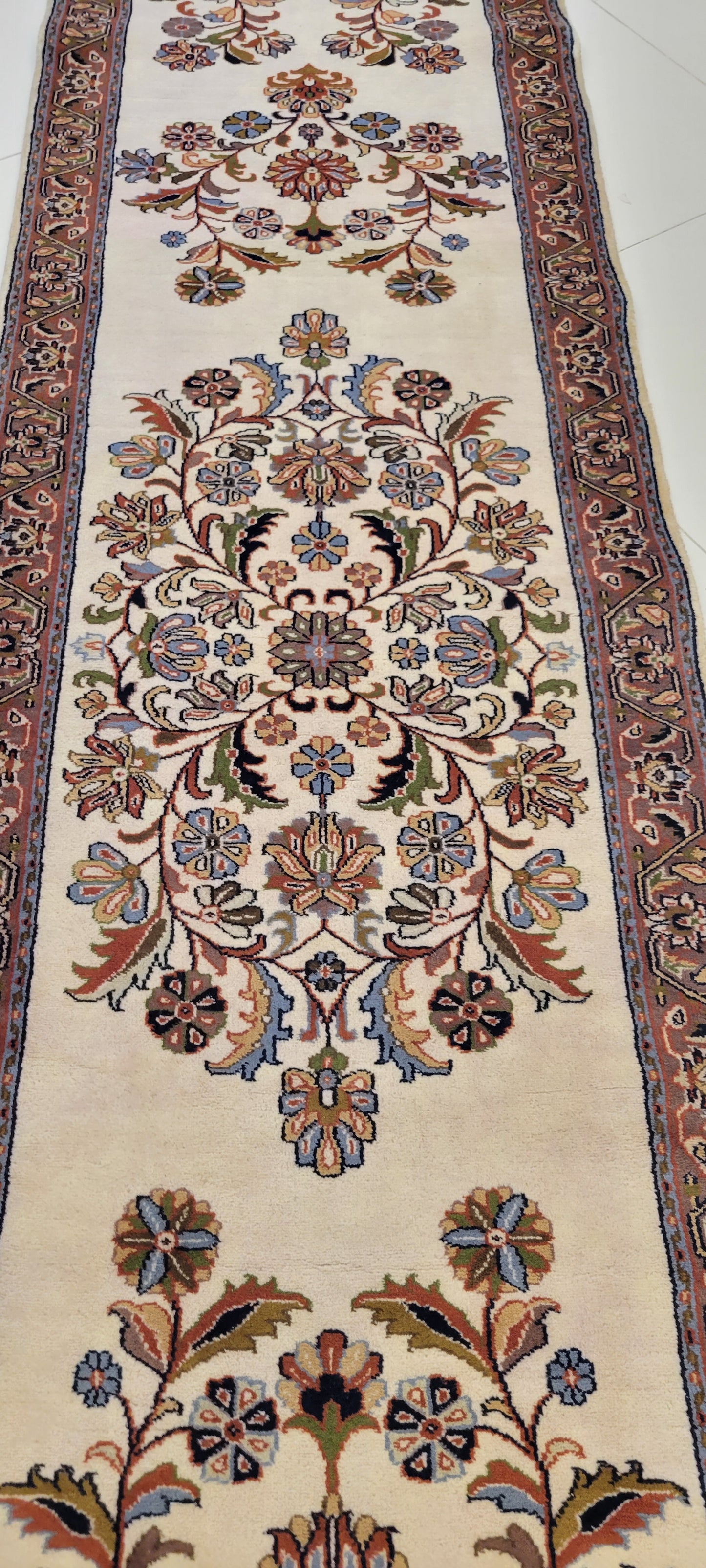 Elegant 14.7' x 2.7' Hand-Knotted Indo-Persian Runner - Serene Cream Field with Cascading Floral Design