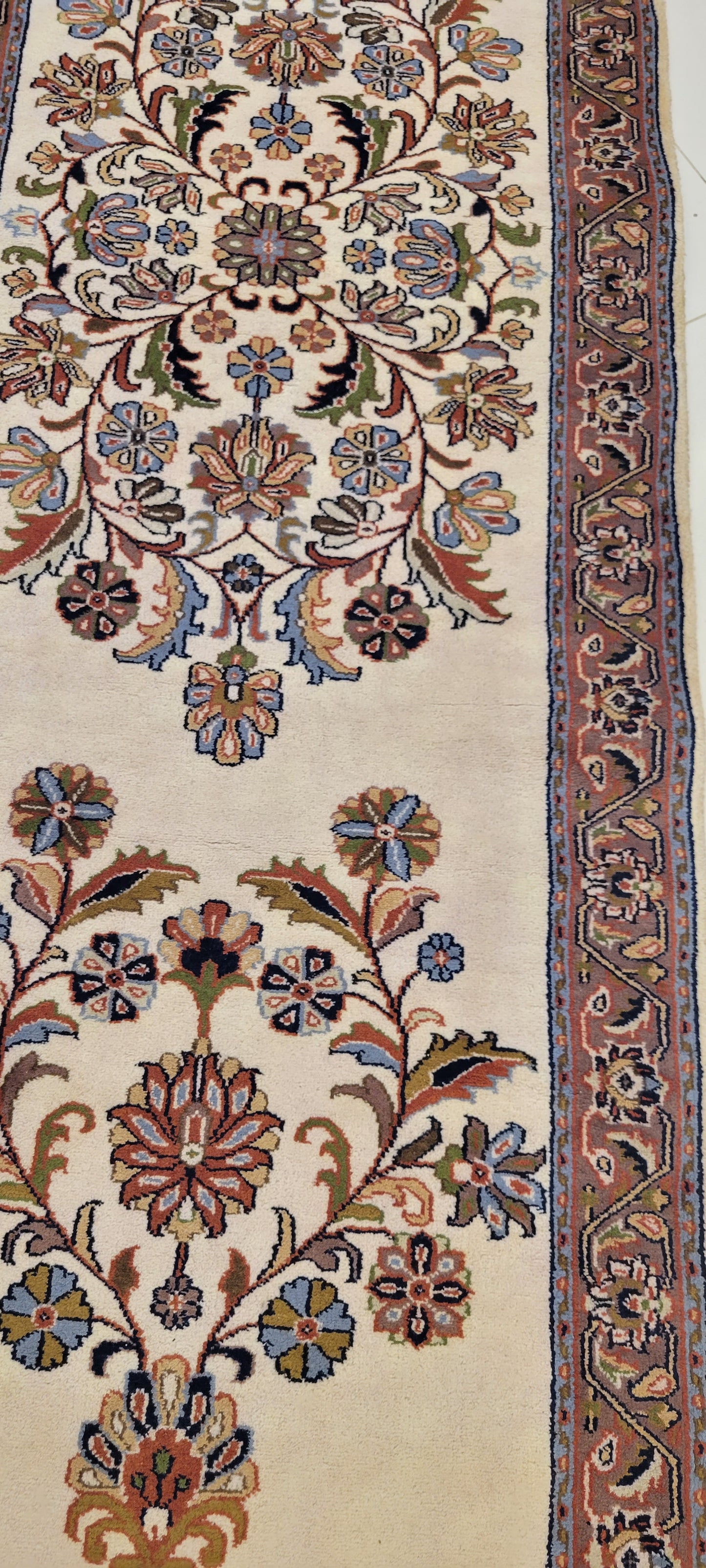 Elegant 14.7' x 2.7' Hand-Knotted Indo-Persian Runner - Serene Cream Field with Cascading Floral Design
