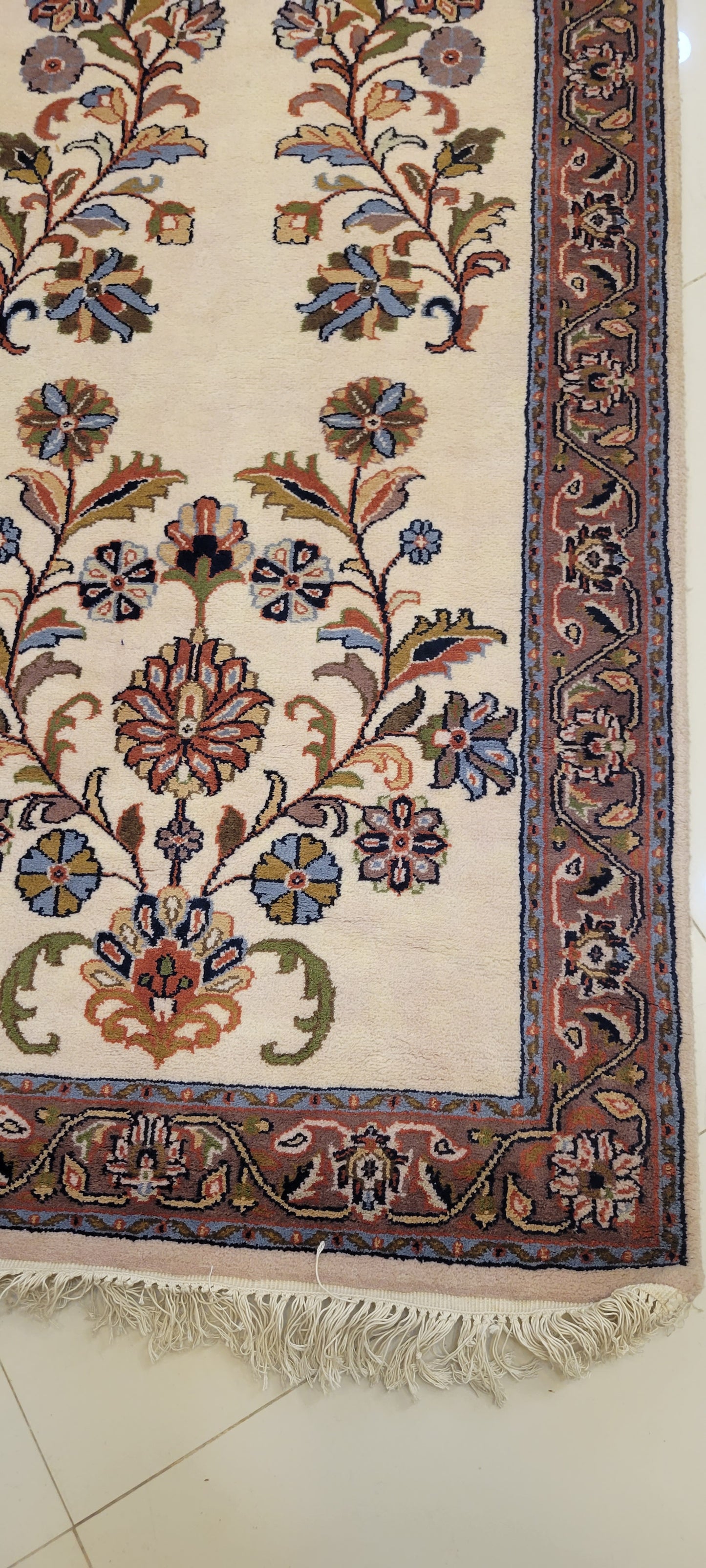Elegant 14.7' x 2.7' Hand-Knotted Indo-Persian Runner - Serene Cream Field with Cascading Floral Design