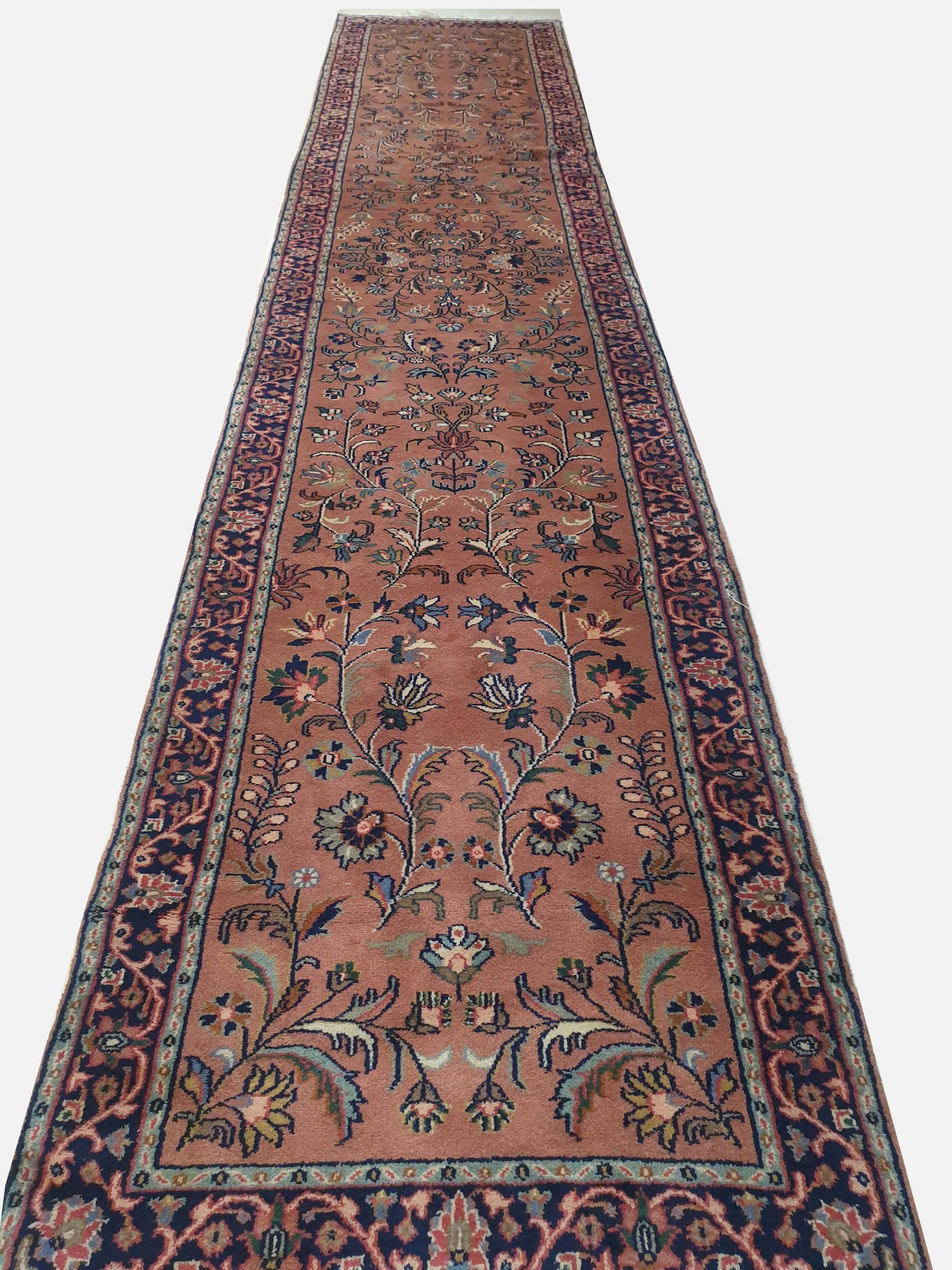 Graceful Grandeur: Exquisite Handmade Persian Runner Carpet - 13.1 x 2.8 Feet