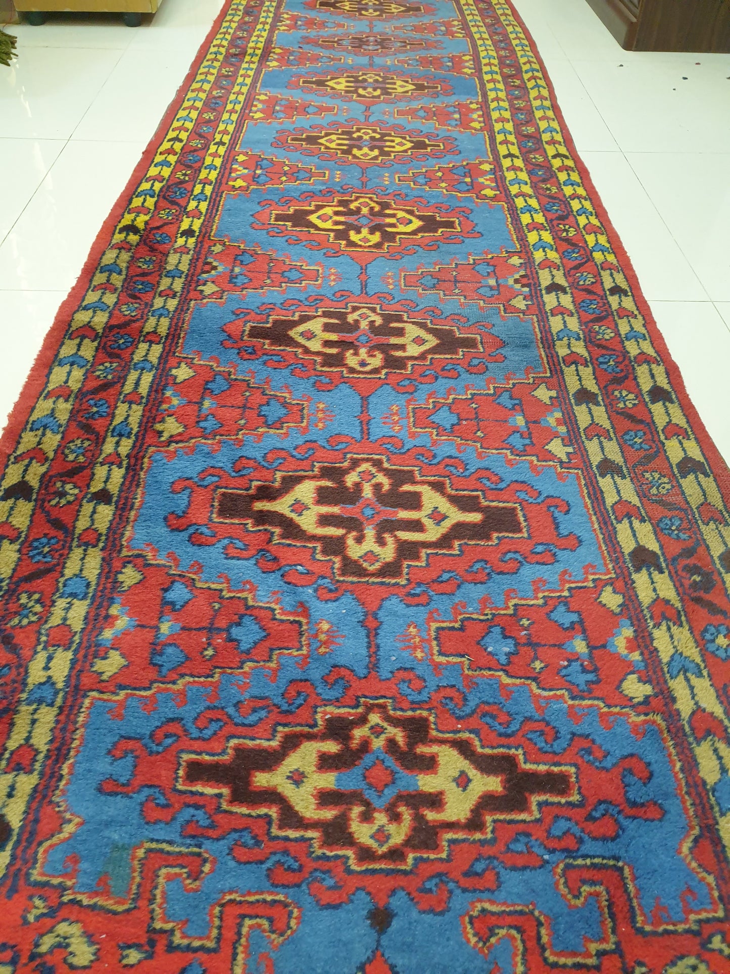 Vibrant 15' x 3' Hand-Knotted Persian Wiz Wool Runner - Authentic Geometric Artistry &amp; Bold Hues