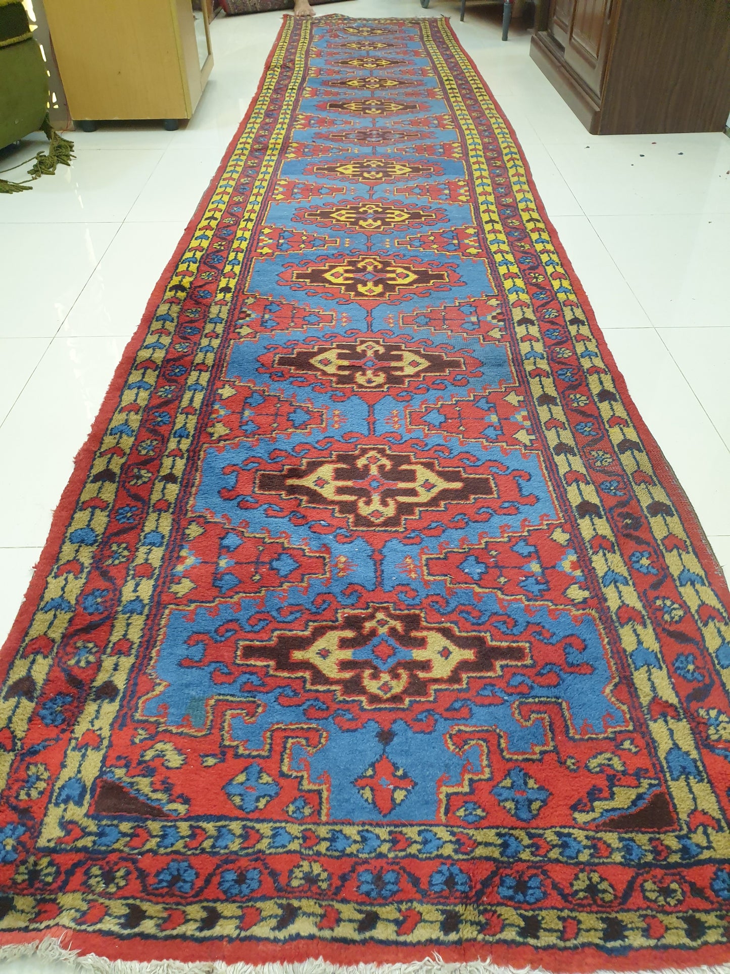 Vibrant 15' x 3' Hand-Knotted Persian Wiz Wool Runner - Authentic Geometric Artistry &amp; Bold Hues