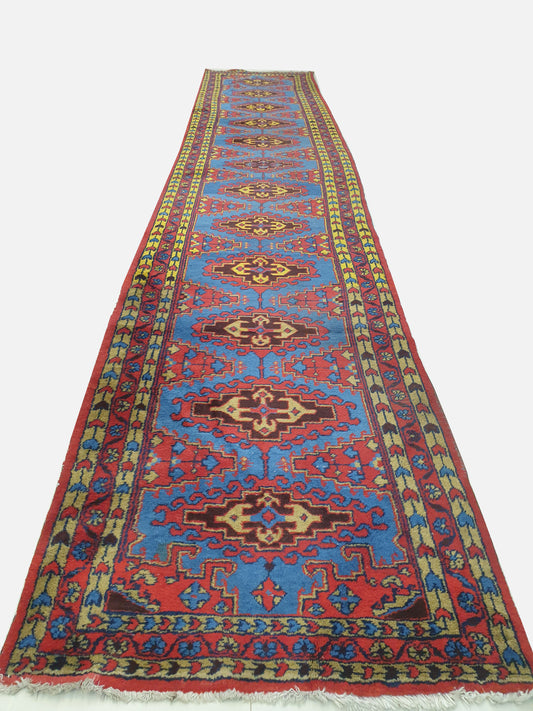 Vibrant 15' x 3' Hand-Knotted Persian Wiz Wool Runner - Authentic Geometric Artistry &amp; Bold Hues