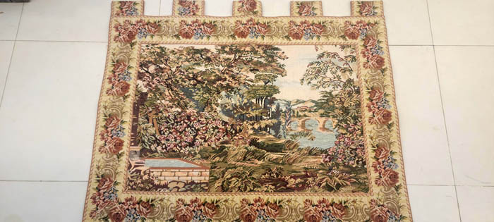 Vintage European Landscape Tapestry Wall Hanging - Floral Border 122x90cm