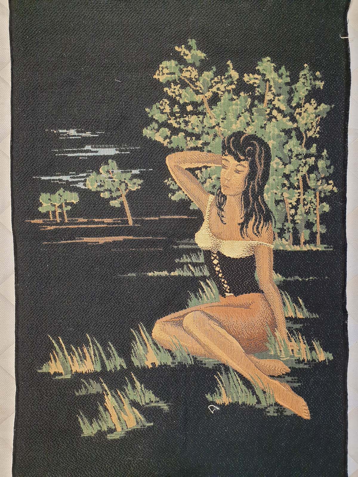 Vintage Mid-Century French Style Pin-Up Maiden Tapestry Wall Hanging - 2'2" x 3'3"