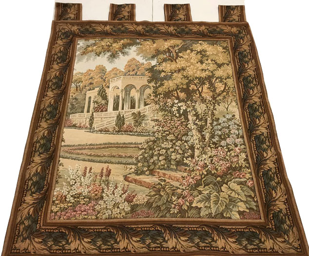 Vintage French Jacquard Wall Hanging Tapestry - European Estate Garden Scene