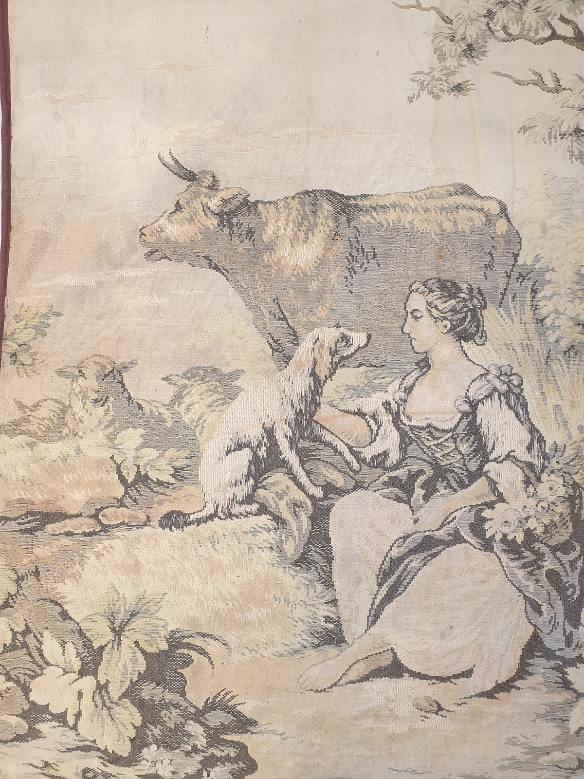 Vintage French Pastoral Bucolic Wall Tapestry - Shepherdess with Animals (47" x 34")
