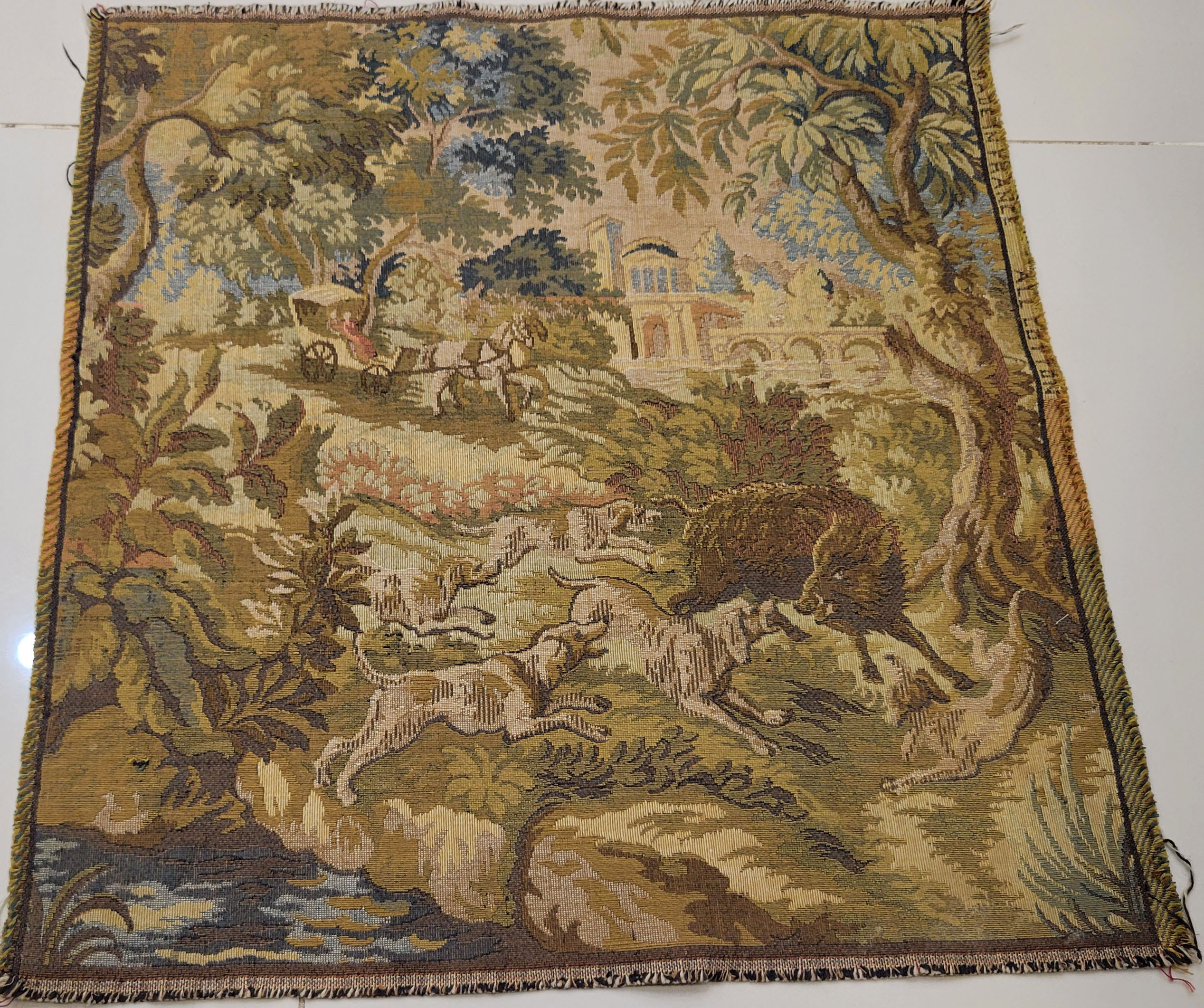 Vintage French Woven Wall Tapestry - Wild Boar Hunting Scene (47 x 50 cm)
