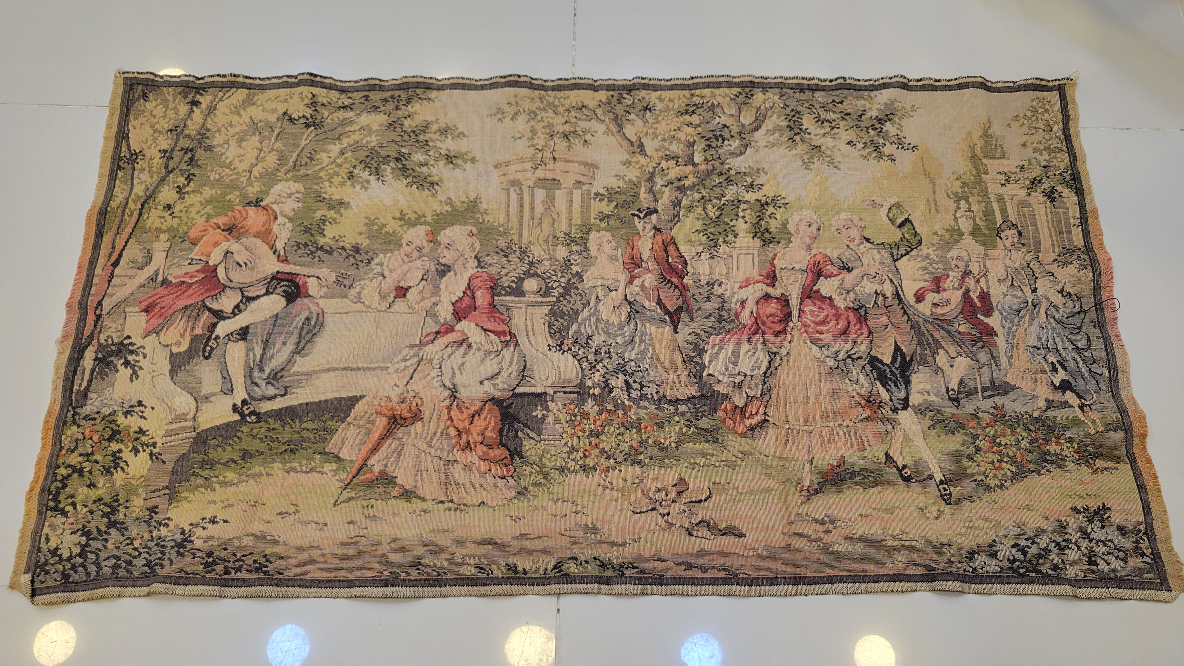 Vintage French Style Gobelin Tapestry Wall Hanging - Rococo Pastoral Garden Scene (90 x 48 cm)