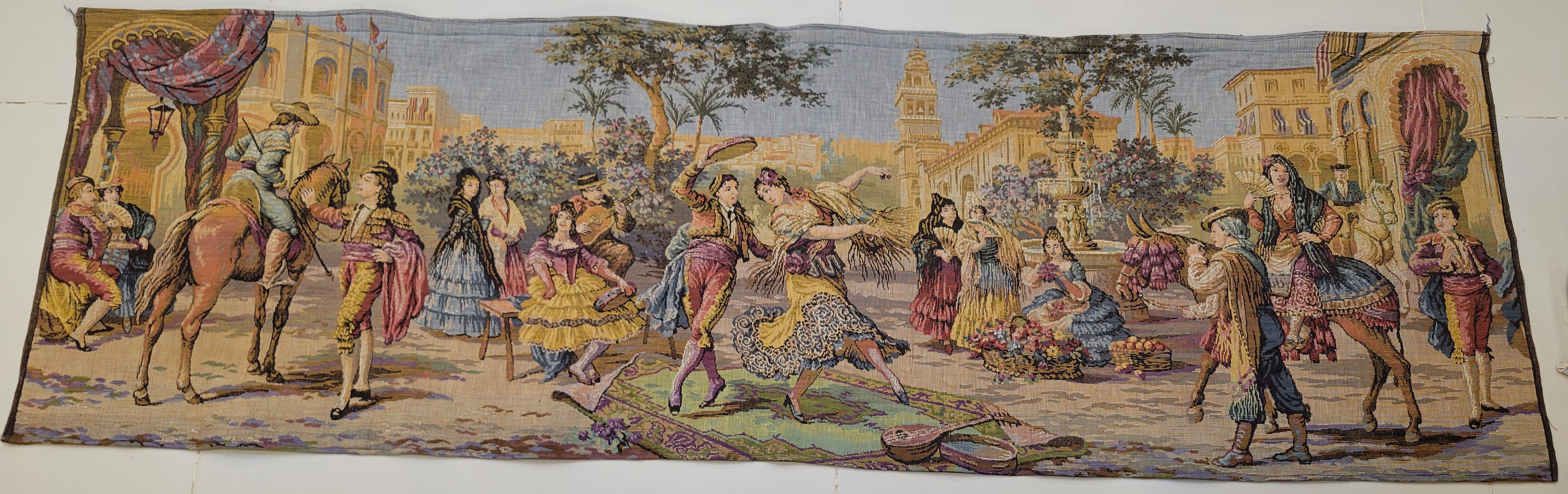 Vintage European Jacquard Tapestry Spanish Flamenco Fiesta Scene 46x144 cm