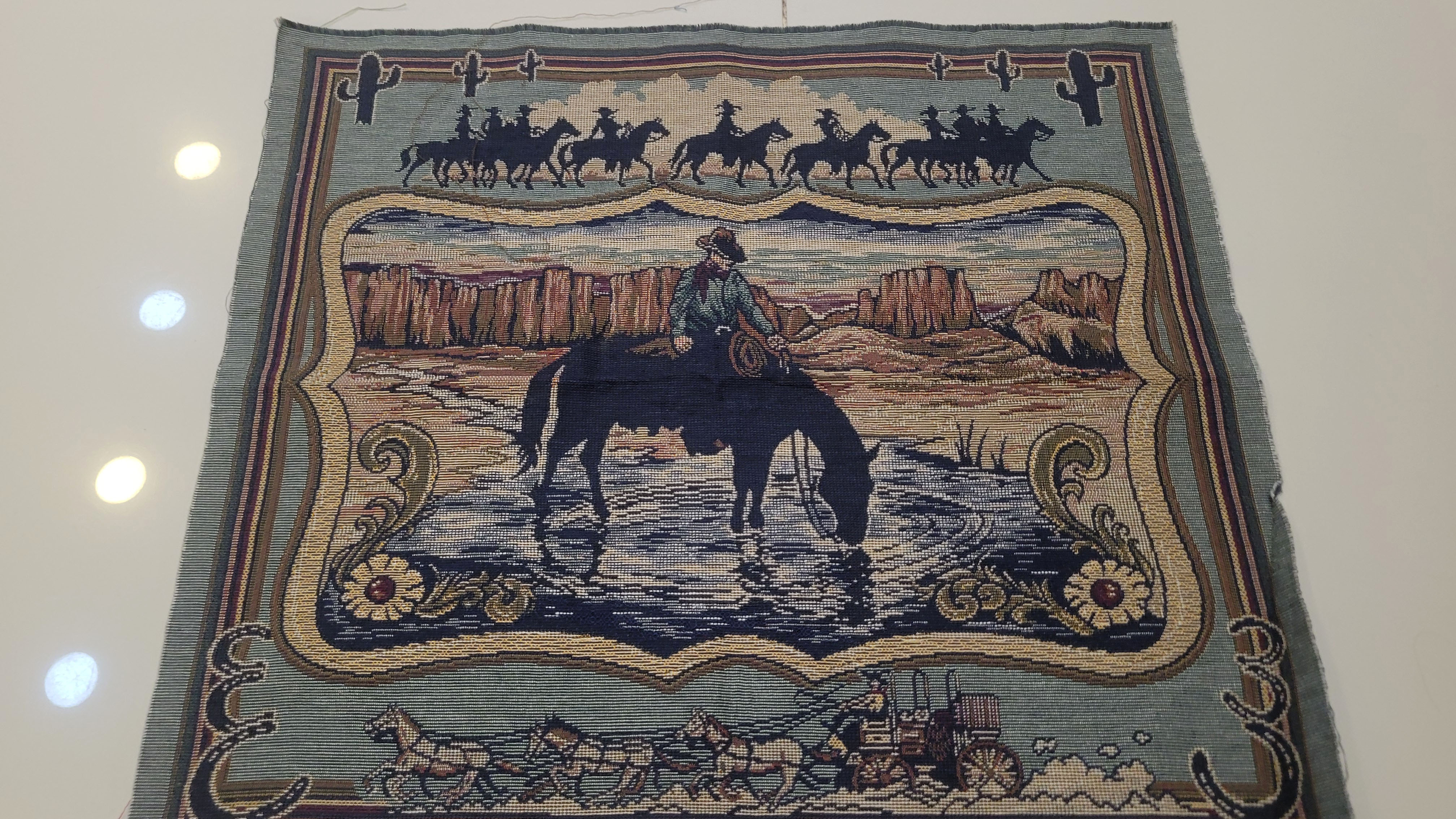 Vintage Western Cowboy Jacquard Tapestry Panel | Wild West Desert & Canyon Scene