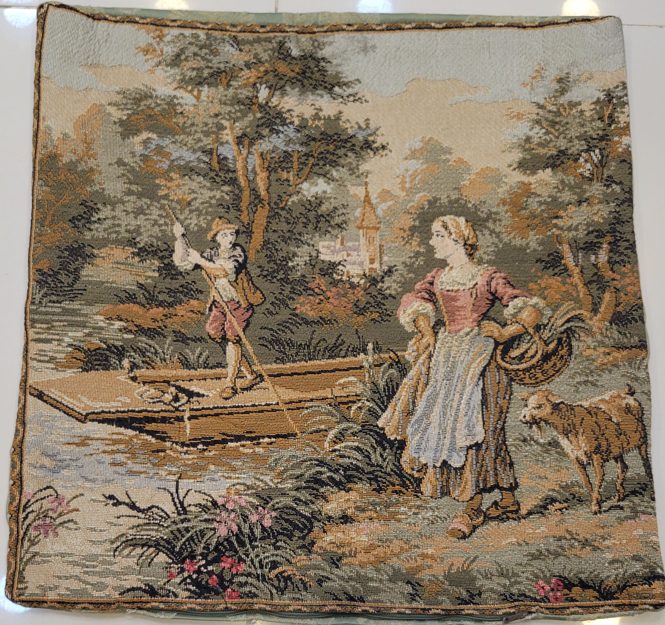 Vintage French Pastoral Scene Tapestry Cushion Cover - Bucolic Countryside Jacquard Pillow Cover - 44 x 44 cm