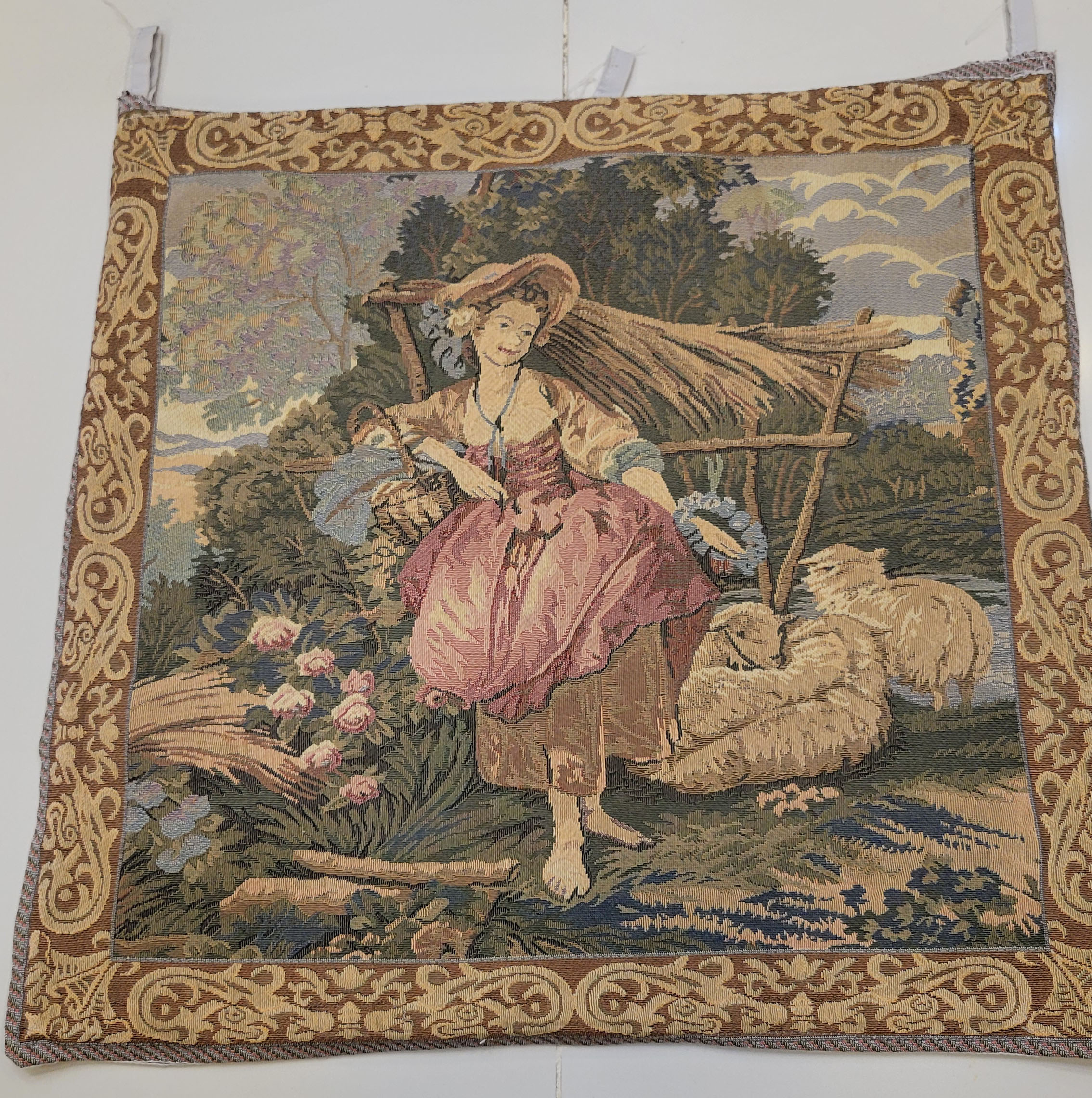 Vintage French Rococo Pastoral Tapestry - Shepherdess with Sheep Jacquard Wall Hanging (44 x 46 cm)