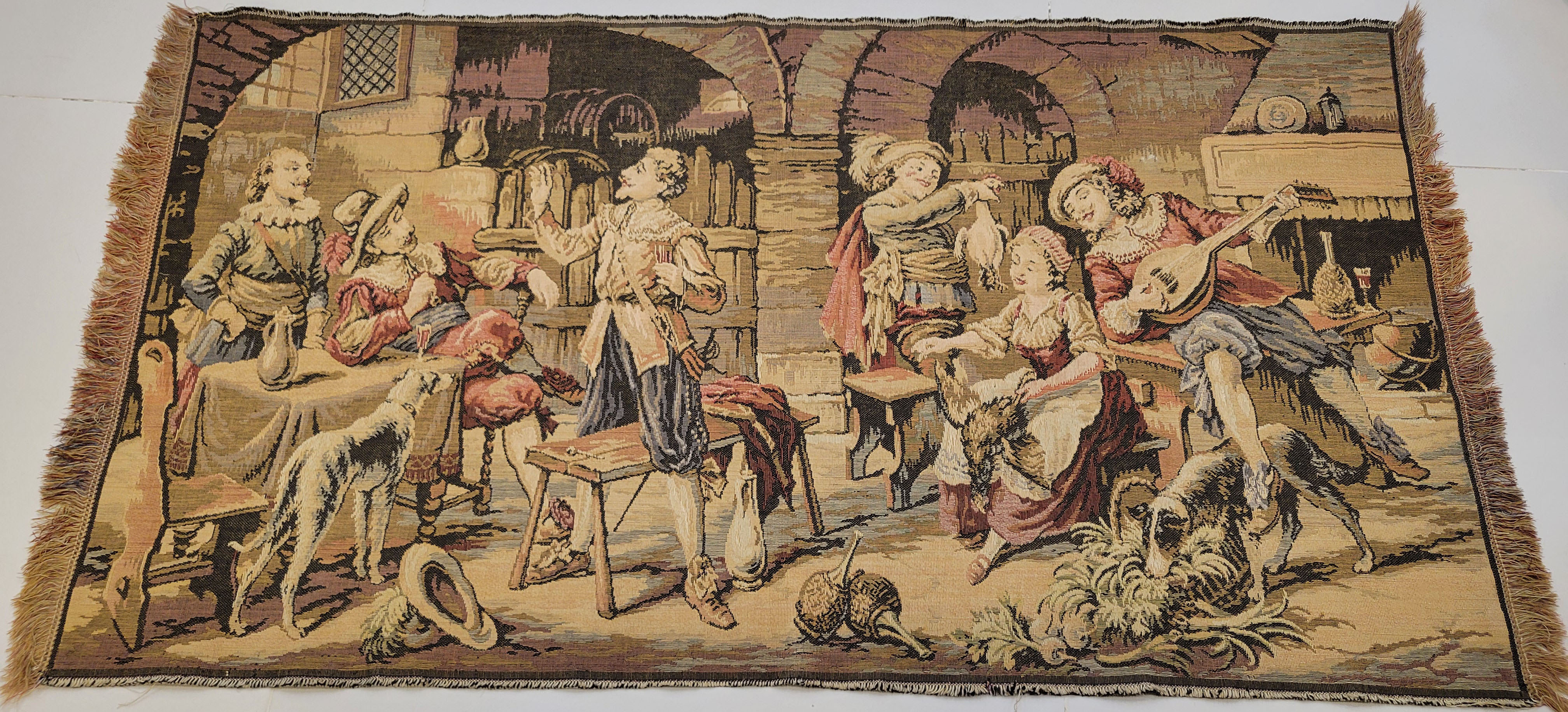 Vintage French Tavern Scene Jacquard Woven Wall Tapestry - 120 x 62 cm