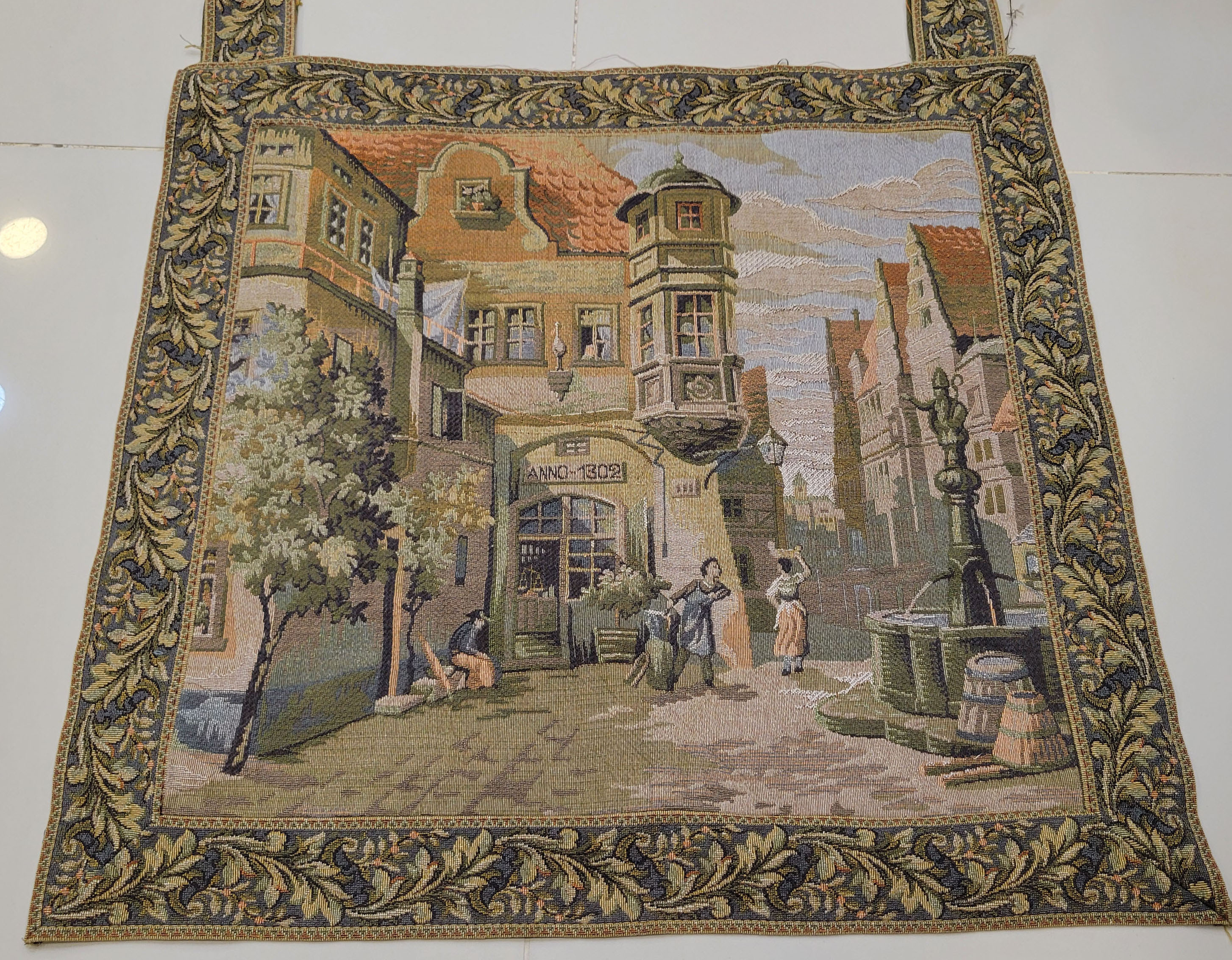 Vintage European Jacquard Woven Wall Tapestry - Old World Village Square Anno 1502 (56 x 54 cm)