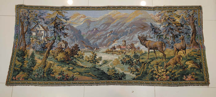 Vintage European Landscape Tapestry Wall Hanging - Deer, Mountain, Lake Scene