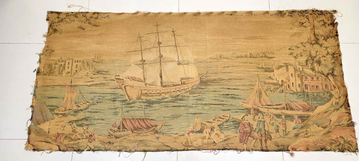 Elegant Antique French Tapestry | Maritime Seascape with Galleon (188x90cm)