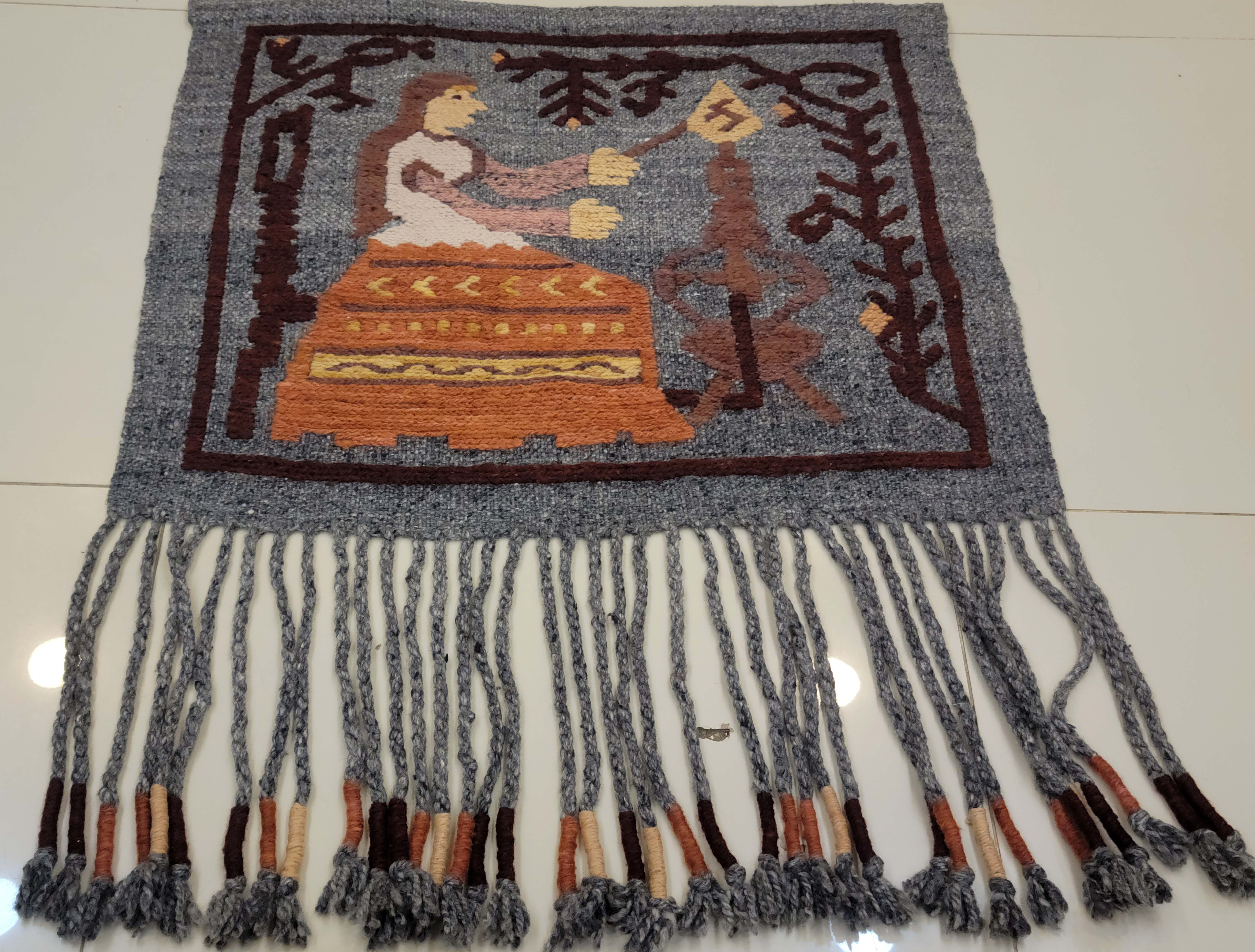 Vintage Polish Folk Art Handwoven Wool Tapestry 'Prz??niczka' - Mid-Century Woman at Spinning Wheel Wall Hanging