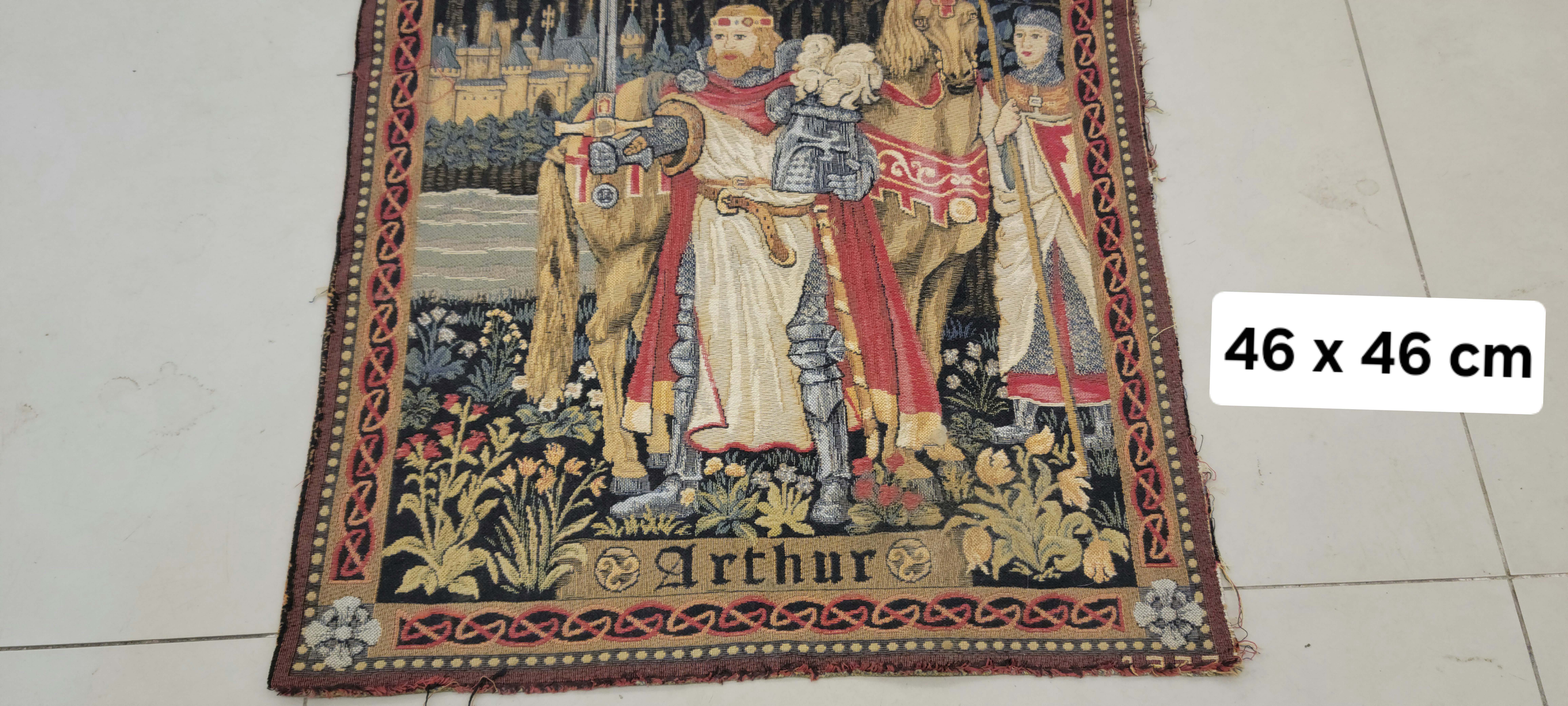 Vintage French Jacquard Wall Tapestry - King Arthur Medieval Knight Panel