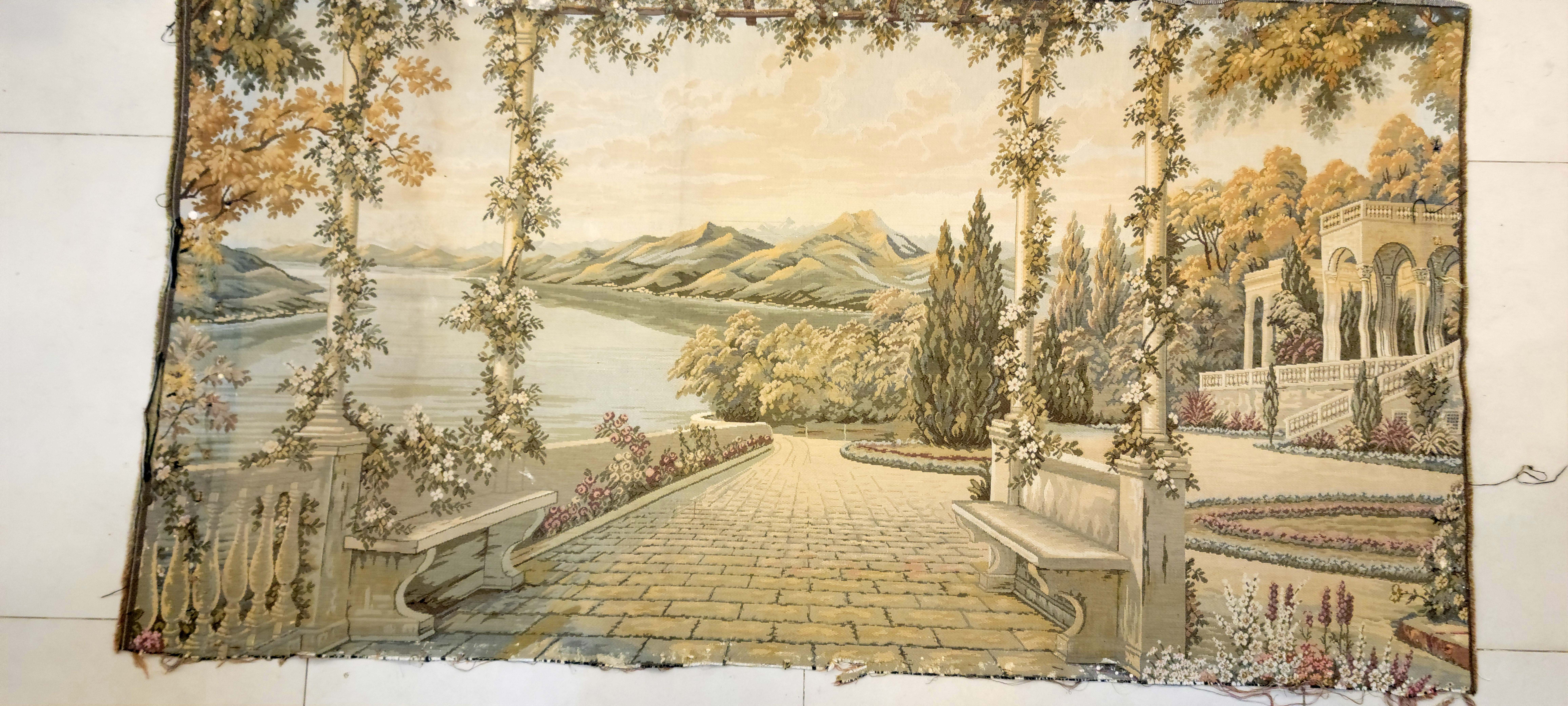 Vintage French Mediterranean Lake View Wall Hanging Tapestry - 163 x 85 cm