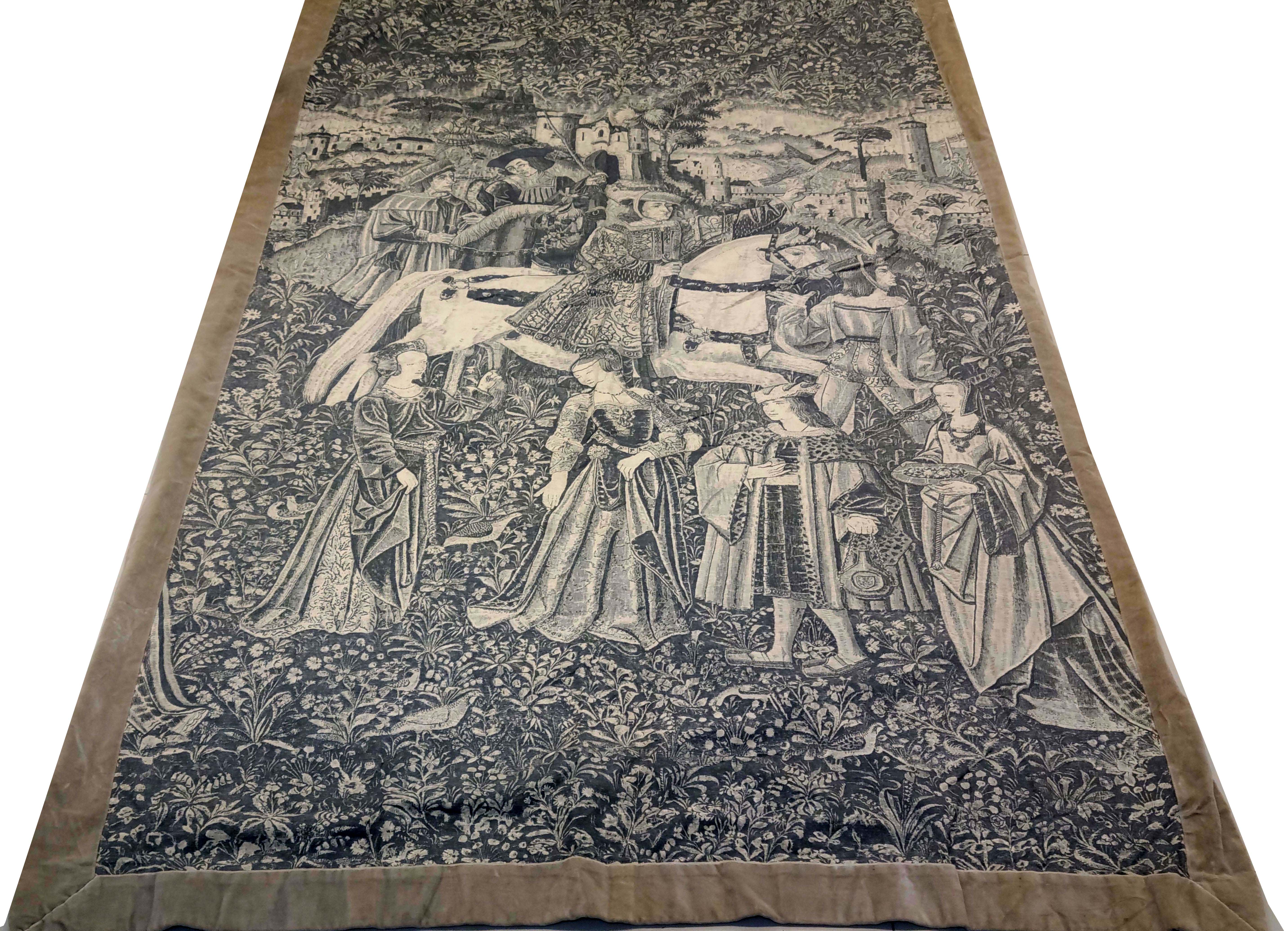 Vintage French Medieval Court Scene Jacquard Woven Tapestry - Millefleurs Wall Hanging (130 x 236 cm)